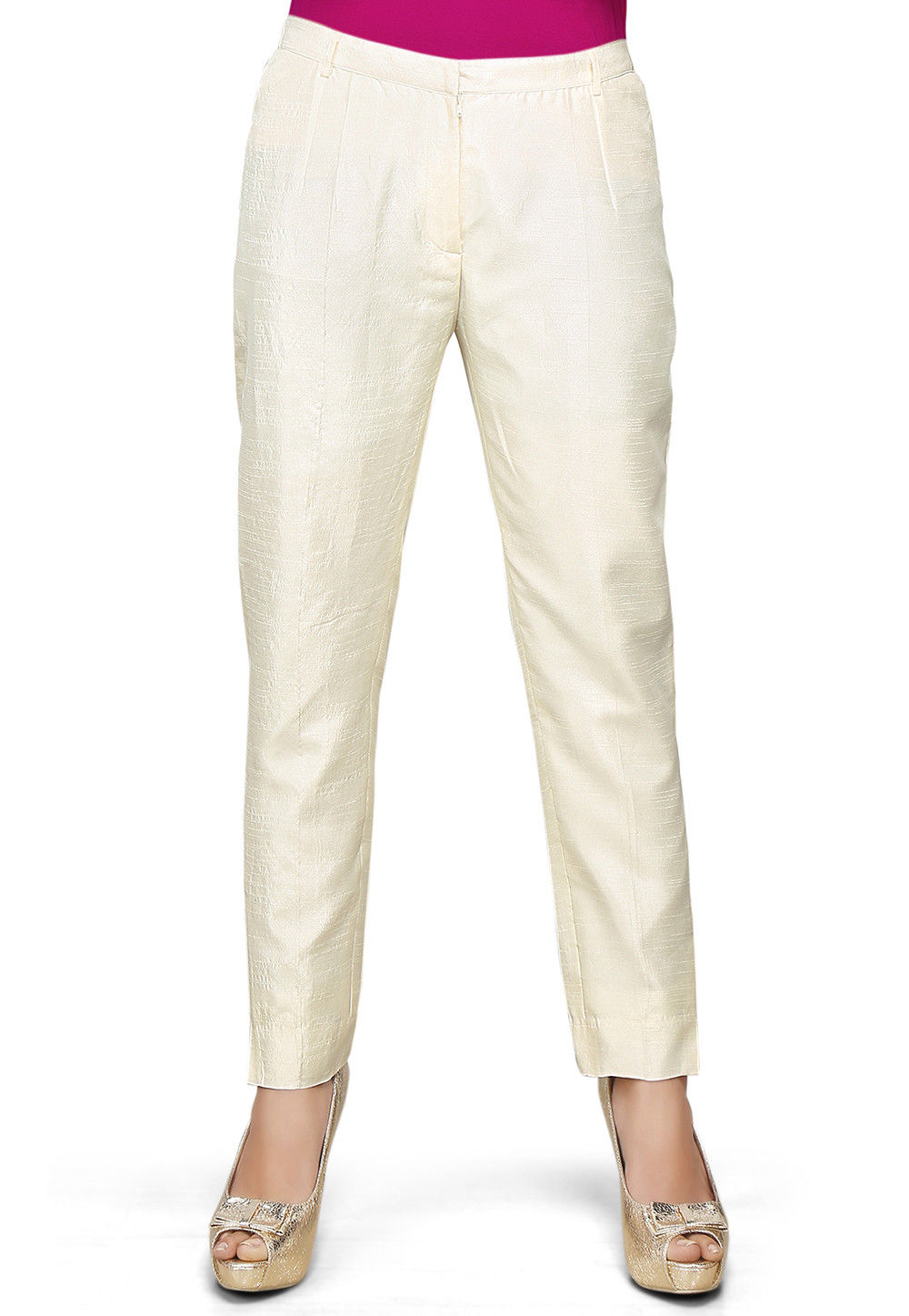 Off white straight pants with scalloped embroidery at bottom hem  Kora  India