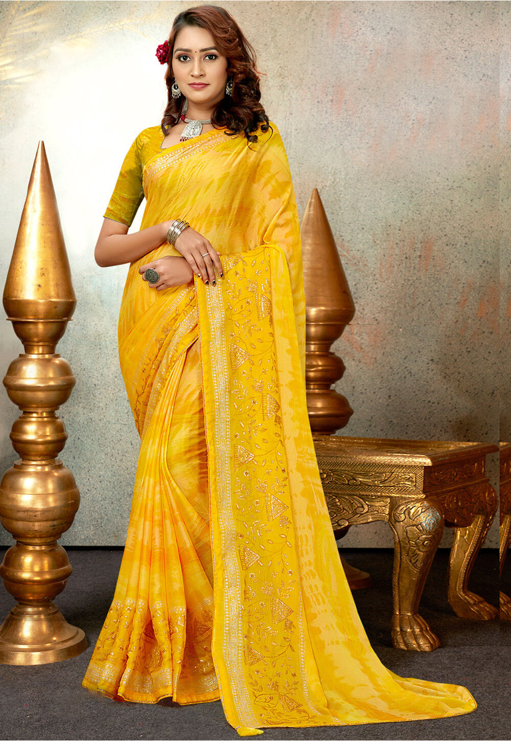 tie dye printed chiffon saree in yellow v1 skk36192