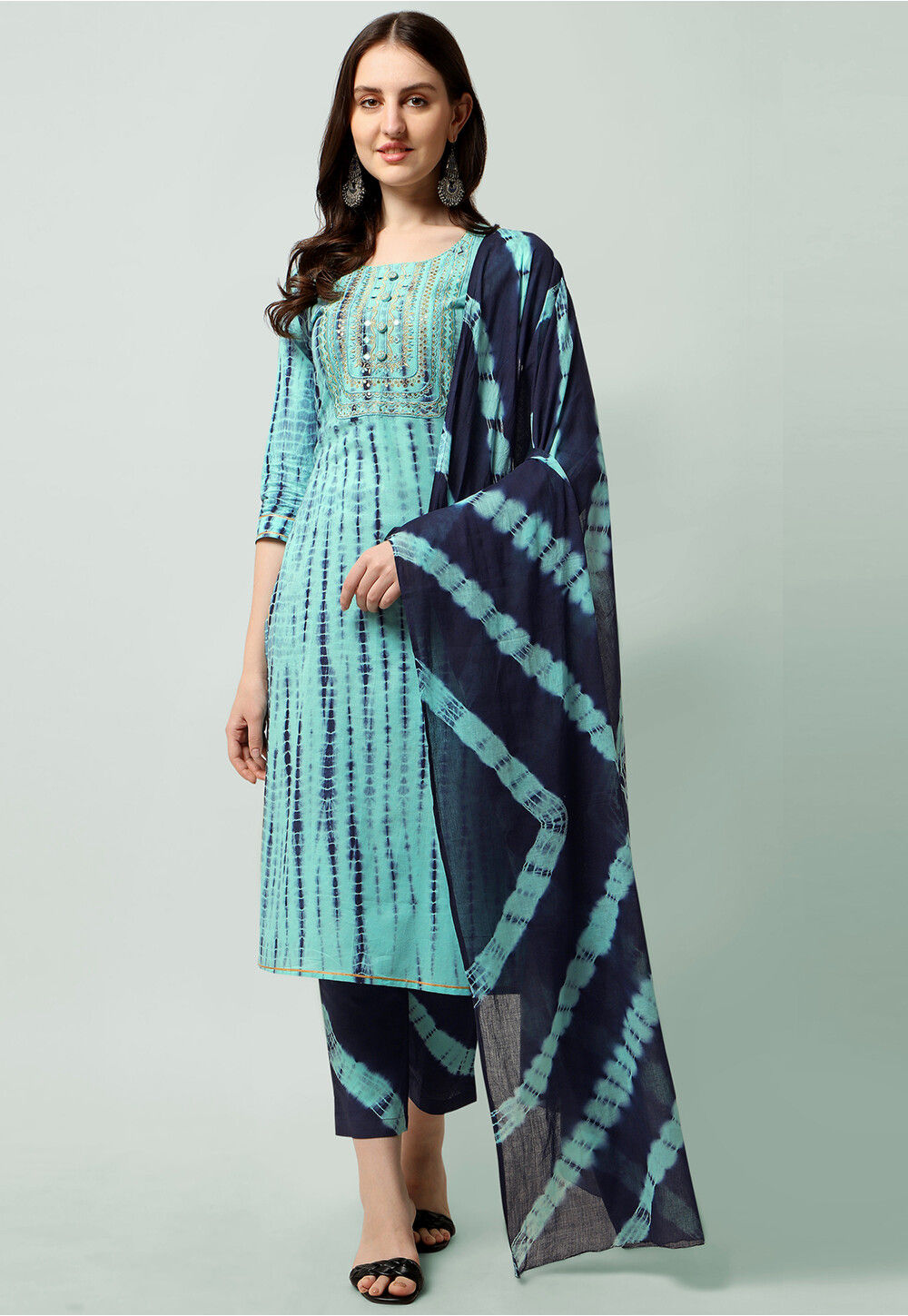 Tie Dye Printed Cotton Pakistani Suit in Light Blue : KEX68