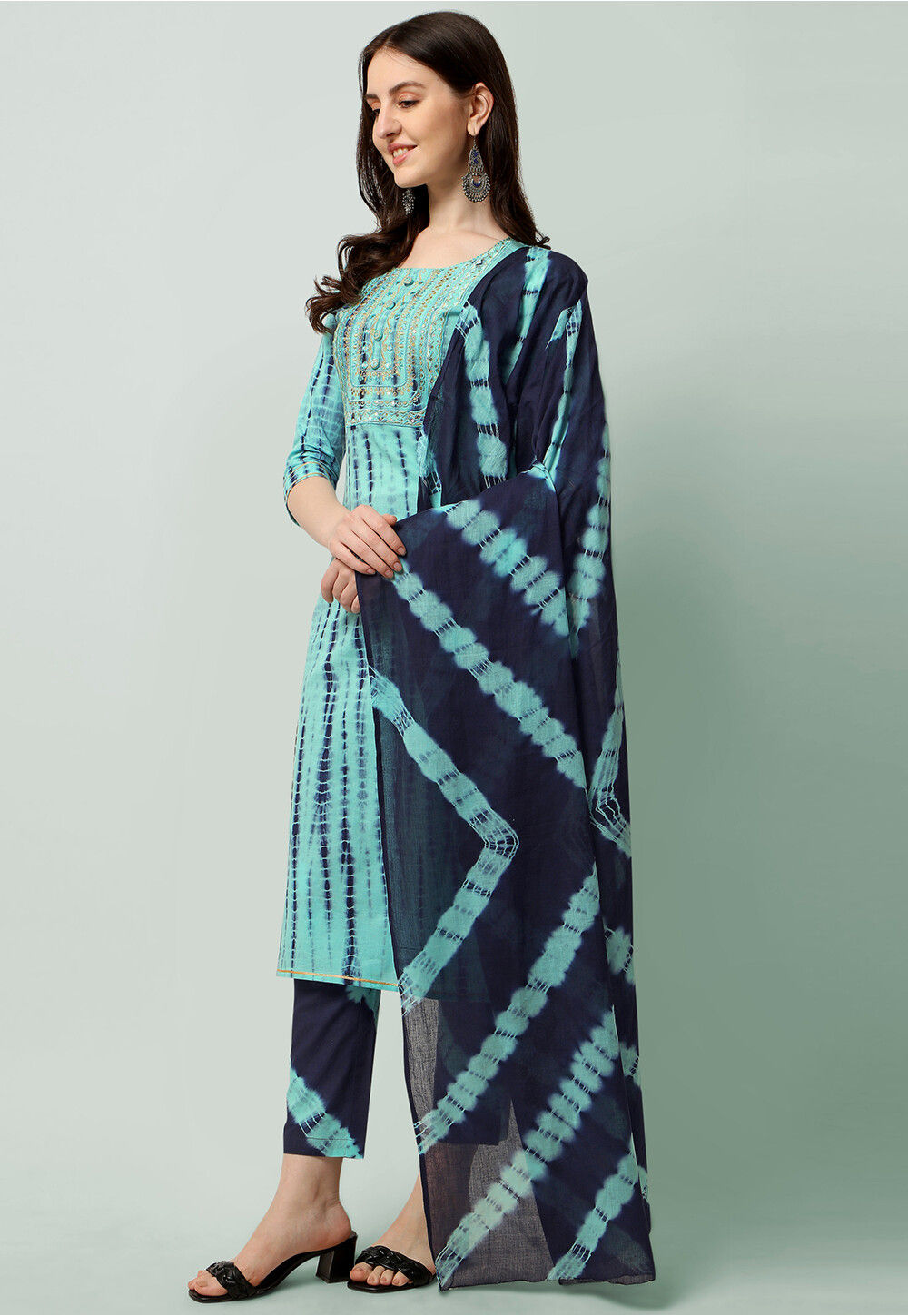 Tie Dye Printed Cotton Pakistani Suit in Light Blue : KEX68