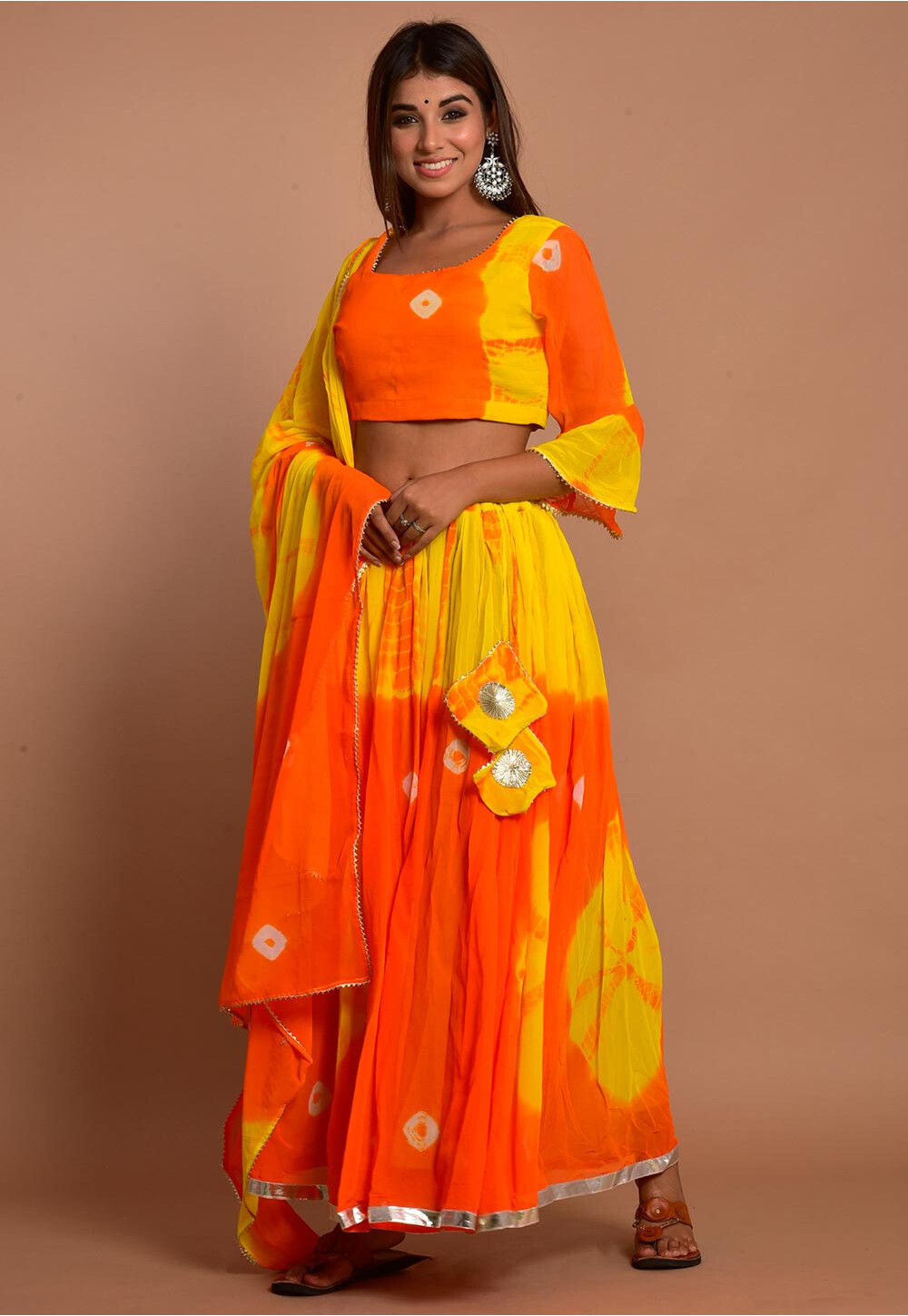 Yellow Red Tie n Dye pom pom Lehenga Set main image 1