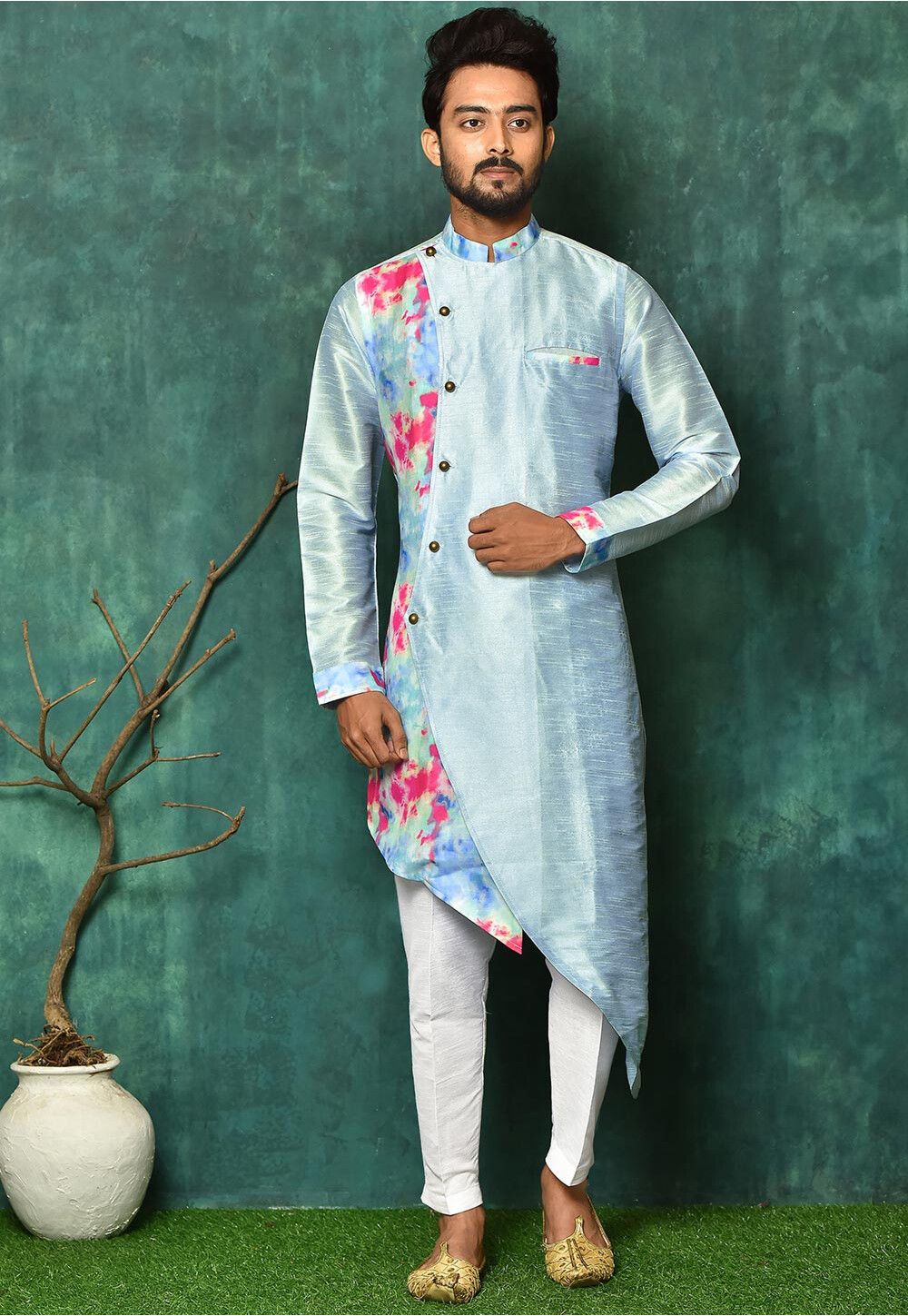 Tie N Dye Printed Dupion Silk Asymmetric Kurta Set in Sky Blue MTX2220
