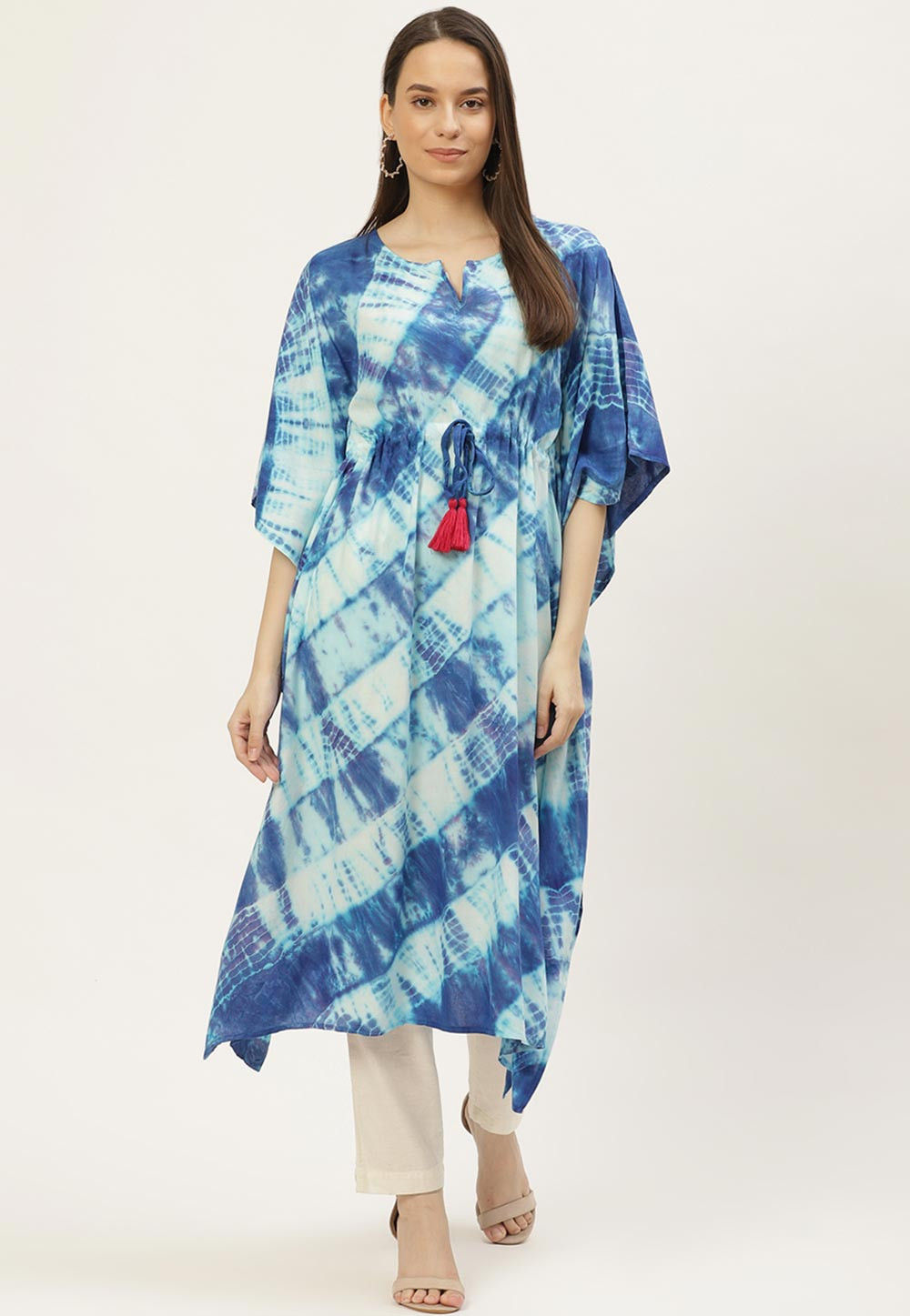 Buy Tie N Dye Rayon Clinched Waist Kaftan in Blue and Off White Online ...