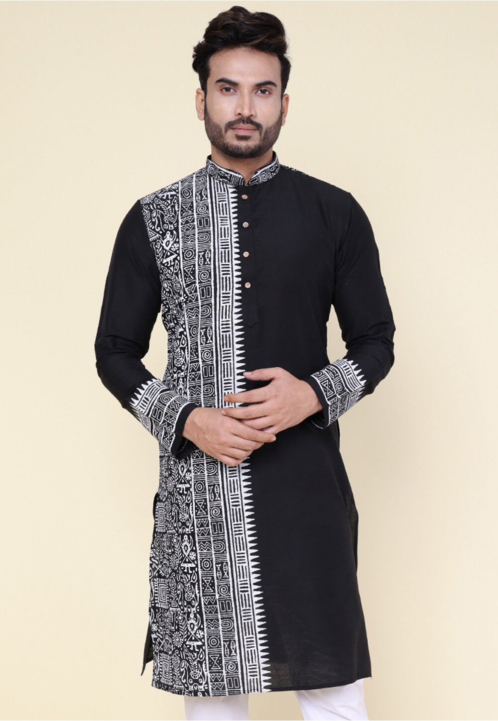 Black Warli Printed 3/4Th Sleeves Boat Neck Multi Slit Straight Kurta. main image 0
