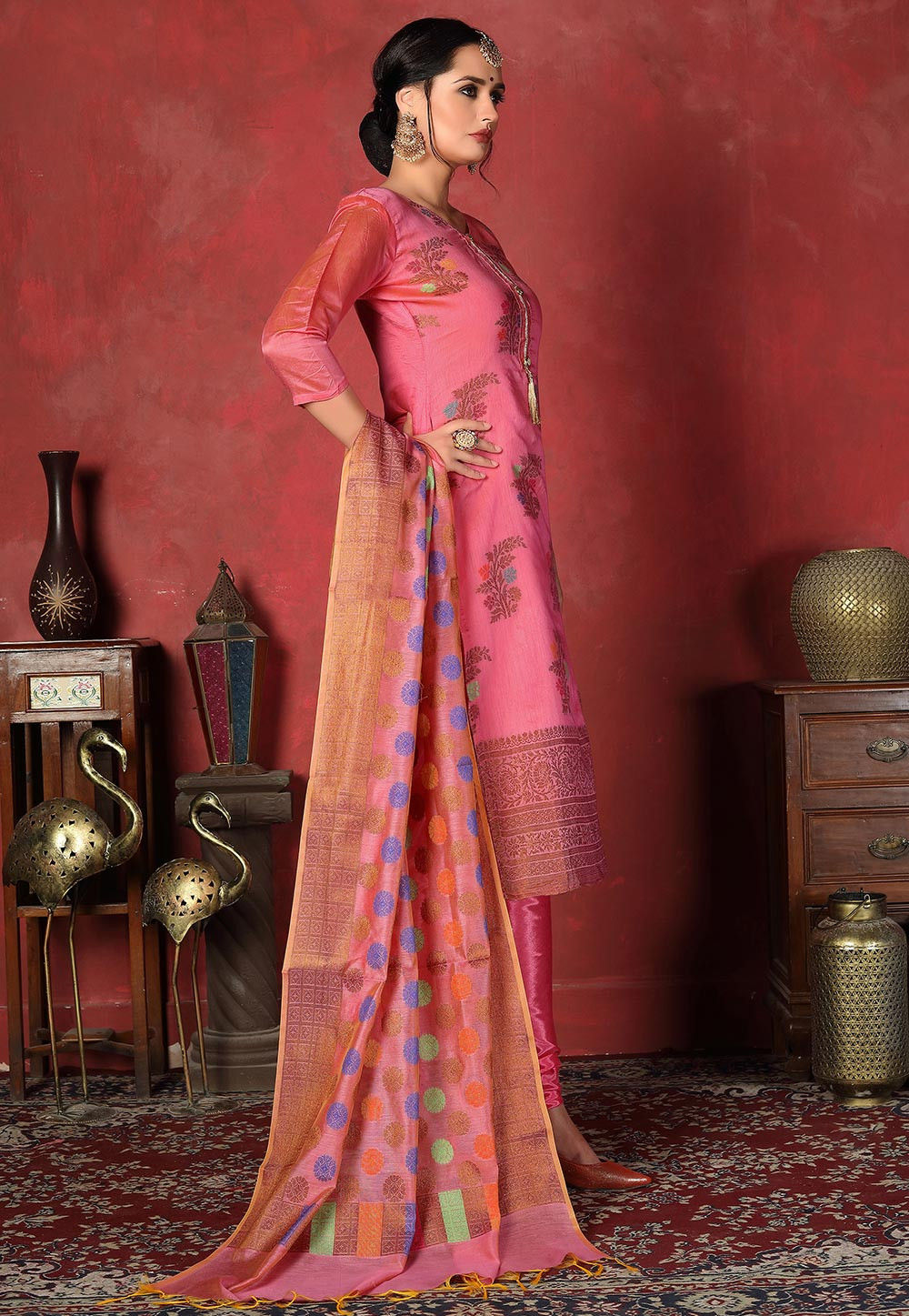 Pink Self Design Chanderi Silk Straight Suit Set