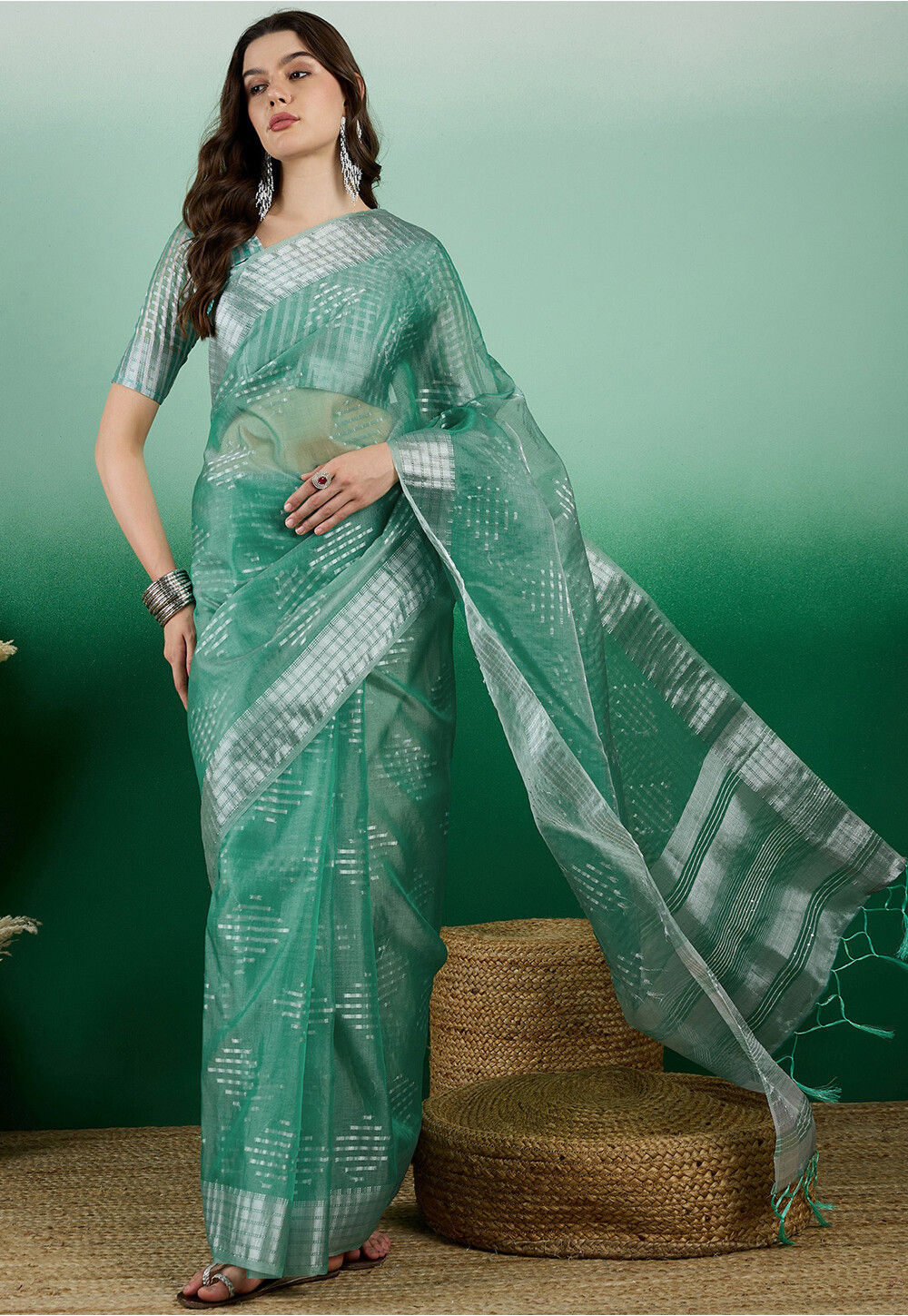 Women's Organza Sea Green Woven Design Designer Saree With Blouse Piece