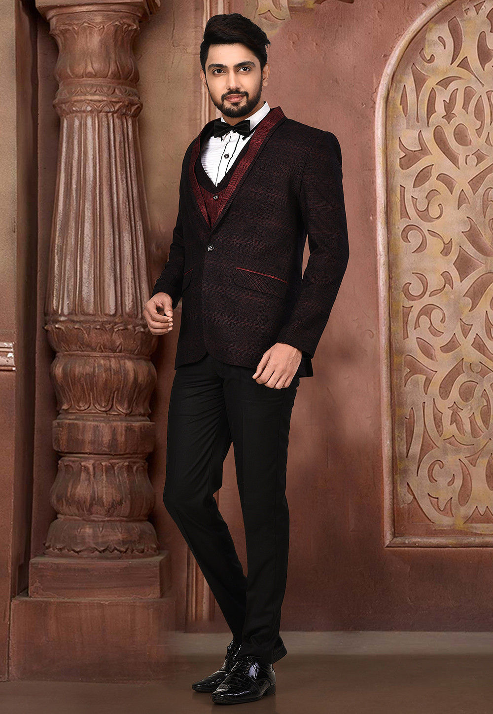 Buy Soniya G Maroon Italian Crepe Embroidered Tuxedo And Pant Set Online   Aza Fashions