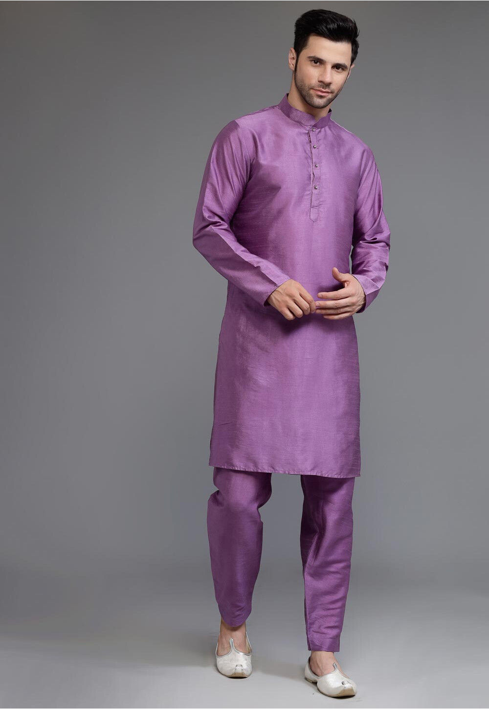 Buy Woven Art Dupion Silk Kurta Jacket Set in Purple and Off White ...
