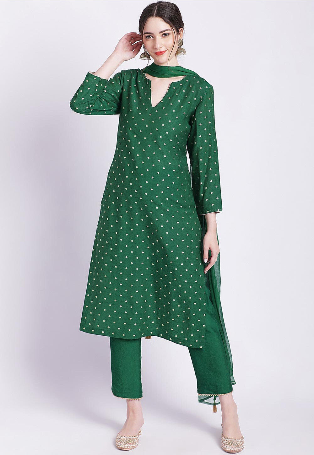 Jacquard Silk Adorning Green Pakistani Style Pant Suit