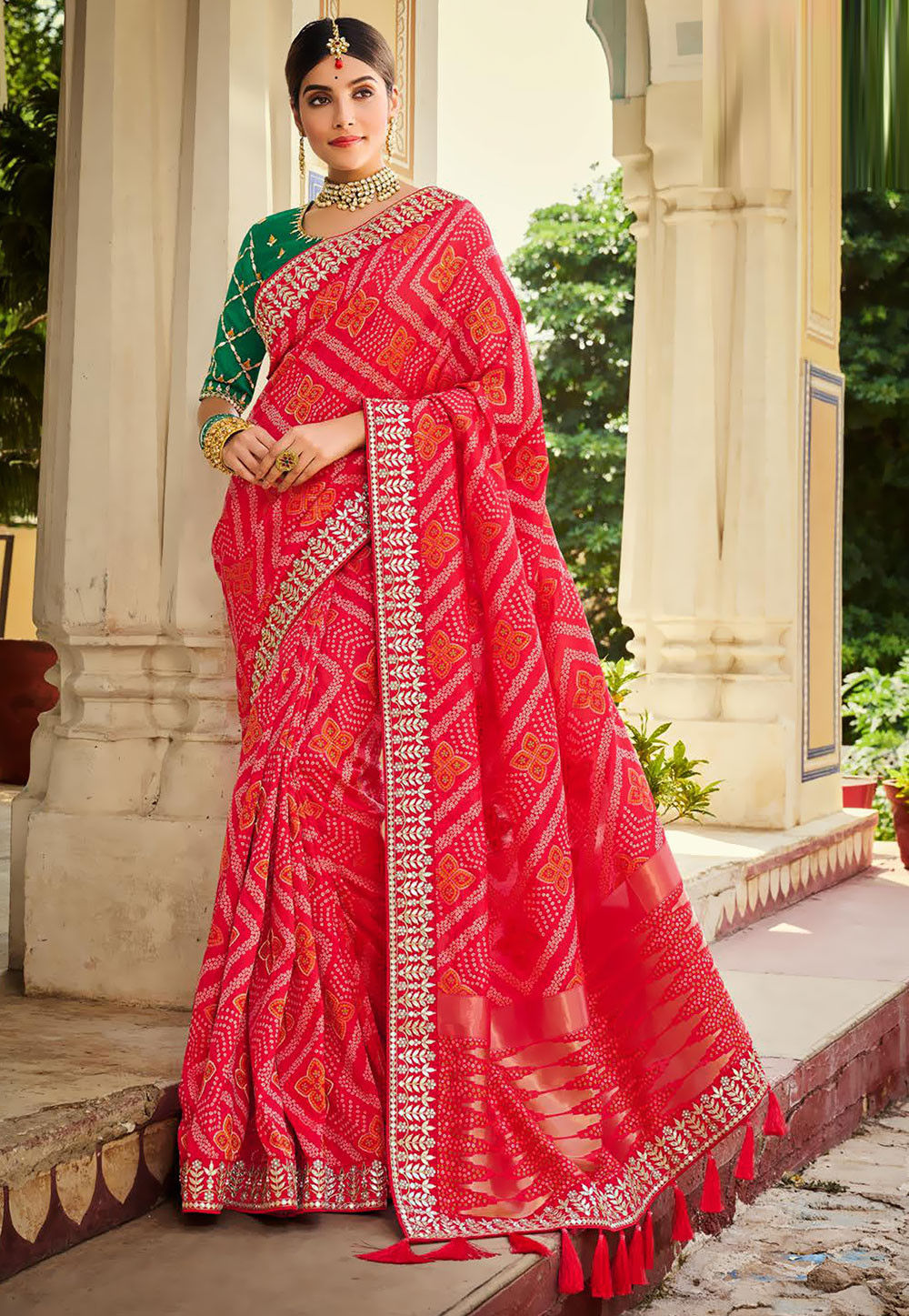 Red Bandhani Prints Embroidery Work Georgette Designer Sarees. Georgette  Sarees Online Surat.