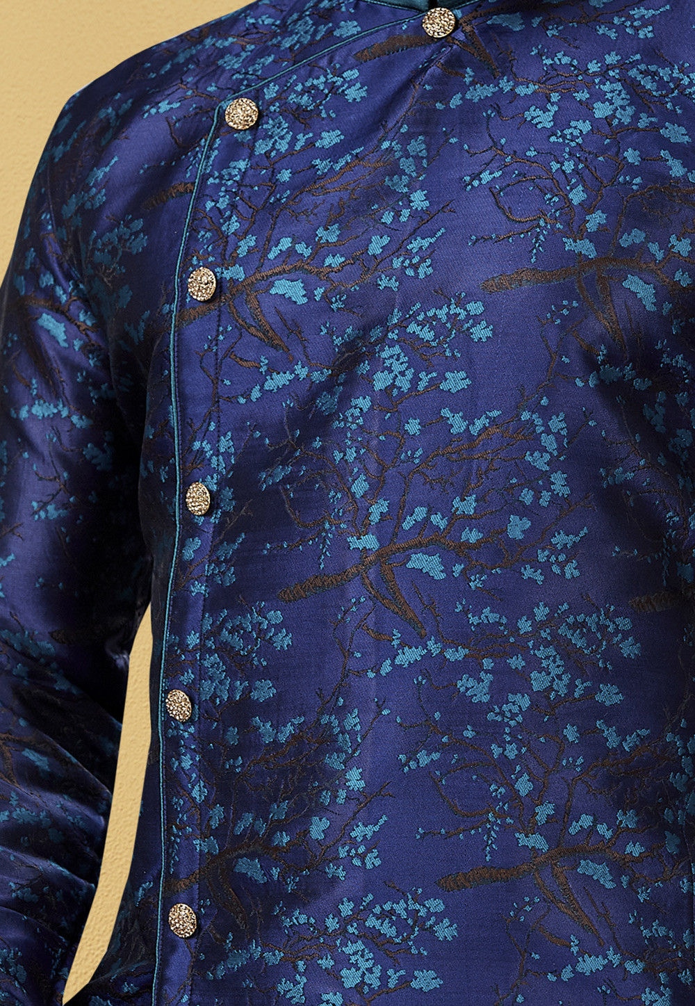 Woven Art Silk Jacquard Asymmetric Dhoti Sherwani In Navy Blue MDW9