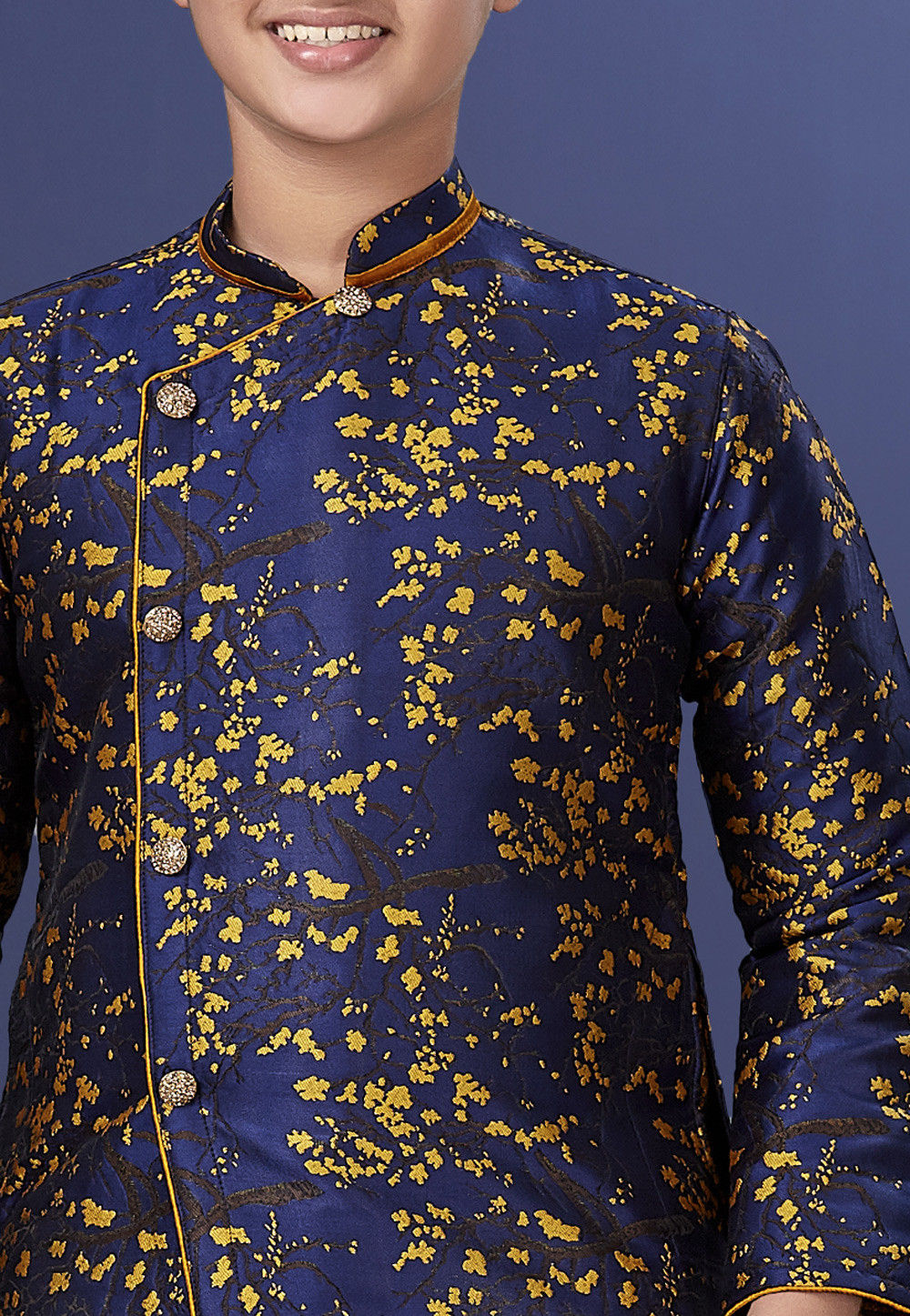 Woven Art Silk Jacquard Asymmetric Dhoti Sherwani In Navy Blue UTD24