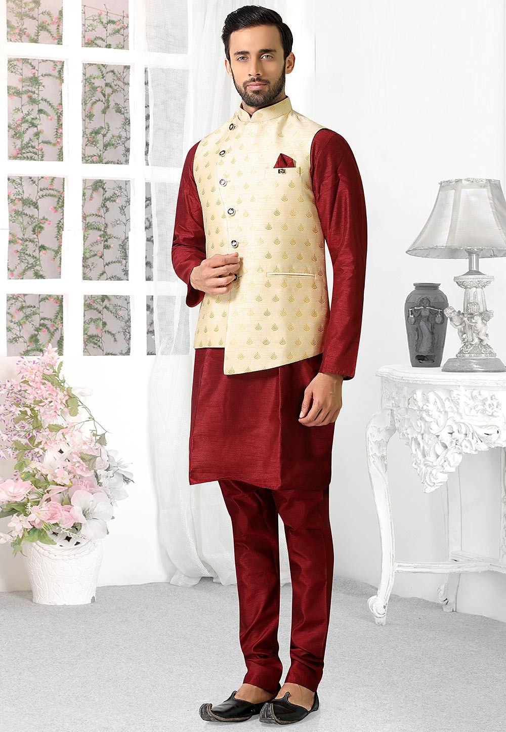 Woven Art Silk Jacquard Asymmetric Nehru Jacket in Light Beige : MHG1449