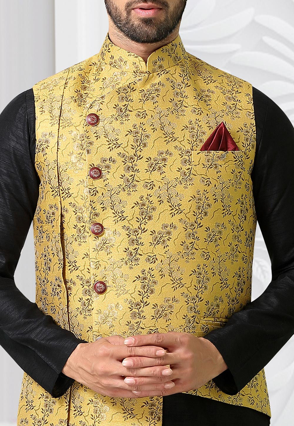 Woven Art Silk Jacquard Asymmetric Nehru Jacket in Yellow : MHG1891