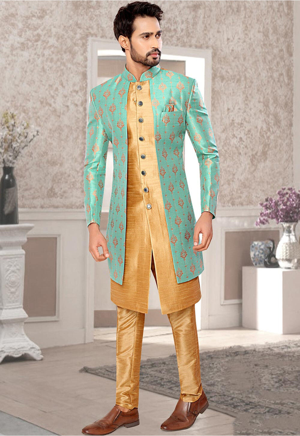 Woven Art Silk Jacquard Asymmetric Sherwani In Beige And Sky Blue MHG1948