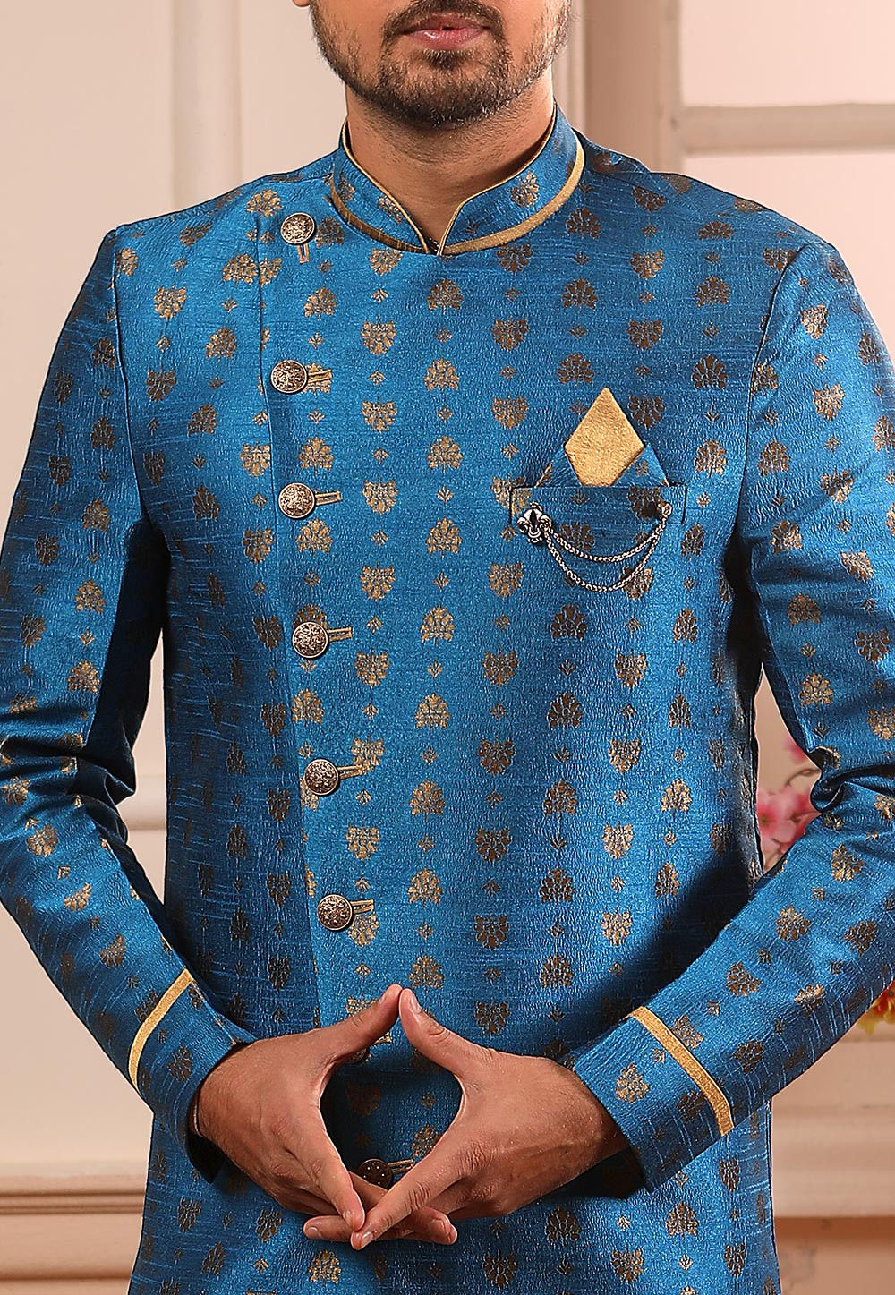 Woven Art Silk Jacquard Asymmetric Sherwani in Blue : MGV962