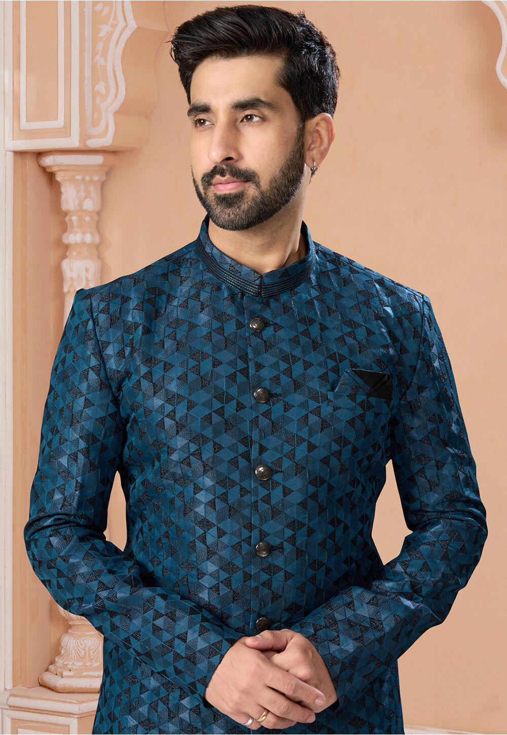 Babyhug Full Sleeves Abstract Woven Asymmetric Sherwani - Marroon Black
