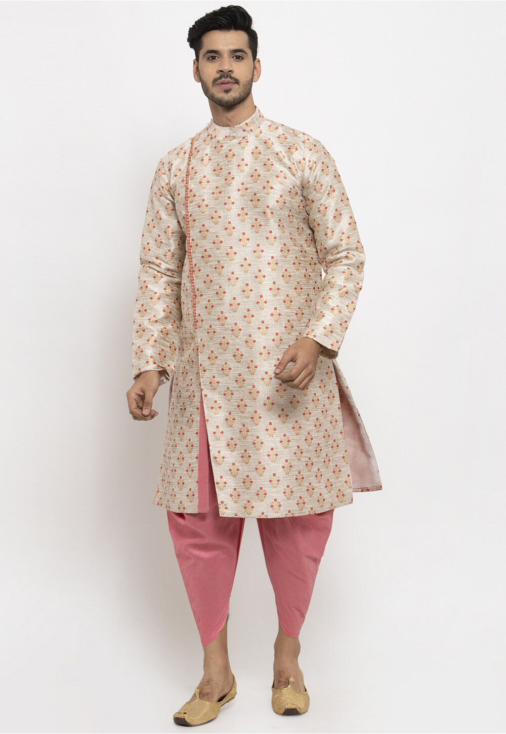 Beige Kurta Jacquard Silk Dhoti main image 1
