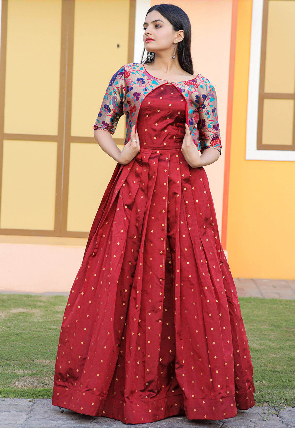 Shop Turquoise N Red Embroidered Jacket Style Gown Festive Wear Online at  Best Price | Cbazaar