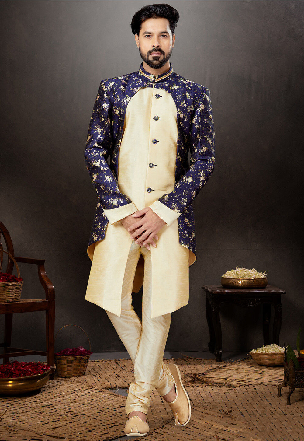 Woven Art Silk Jacquard Jacket Style Sherwani in Beige and Blue : MUX1005