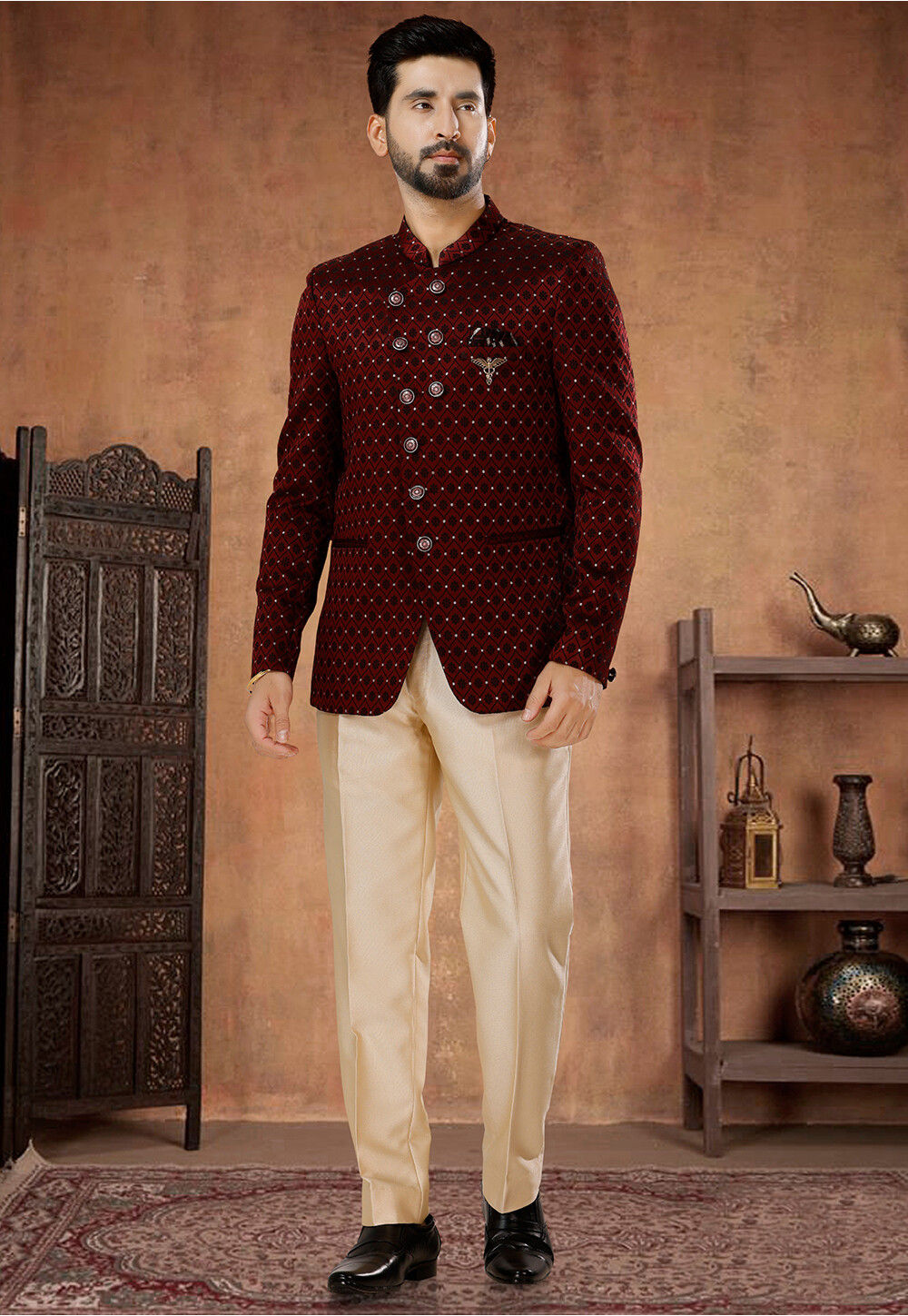 Buy Woven Art Silk Jacquard Jodhpuri Suit in Maroon Online MUY1647 Utsav Fashion