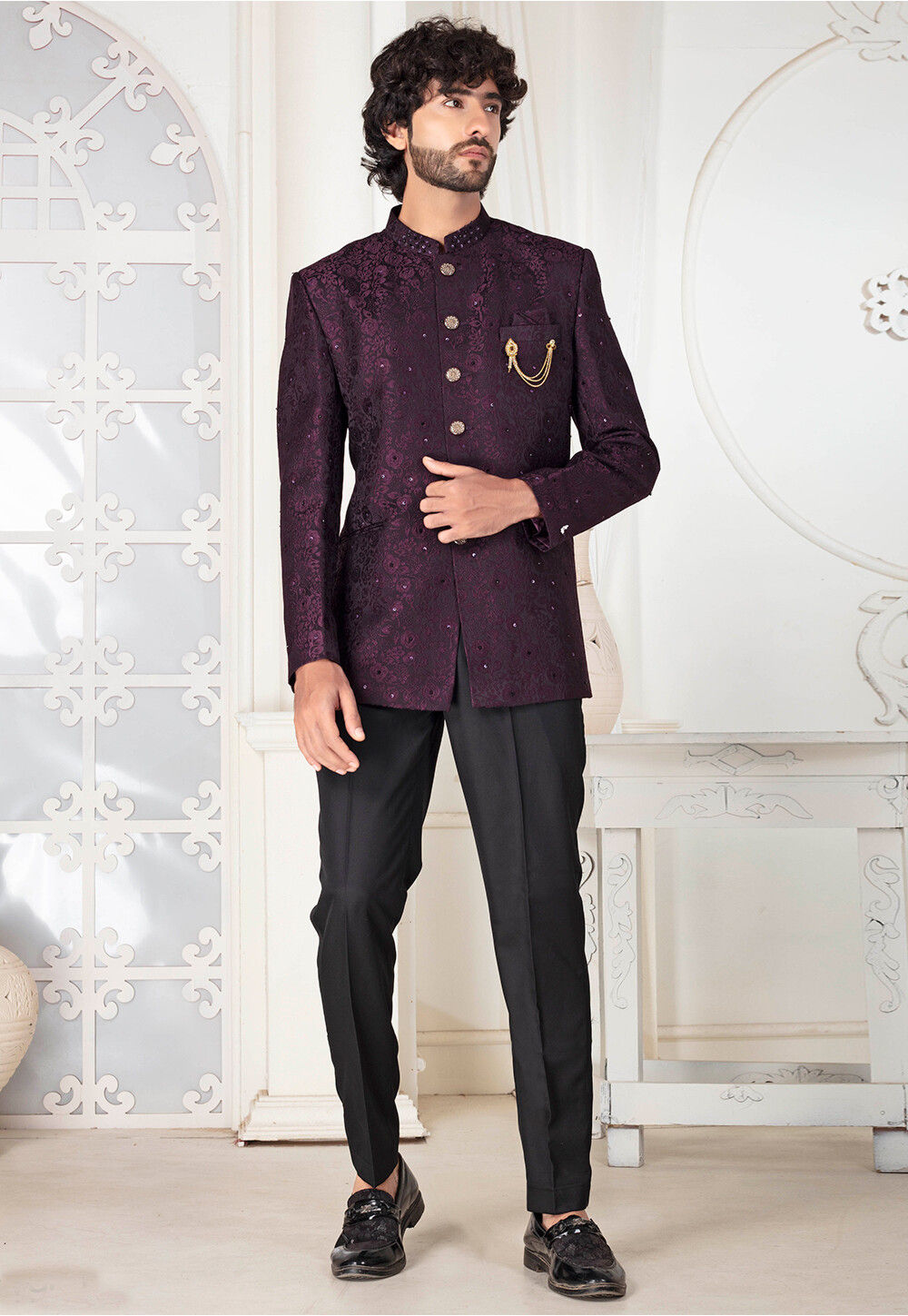 Buy Woven Art Silk Jacquard Jodhpuri Suit in Wine Online : MMQ2831