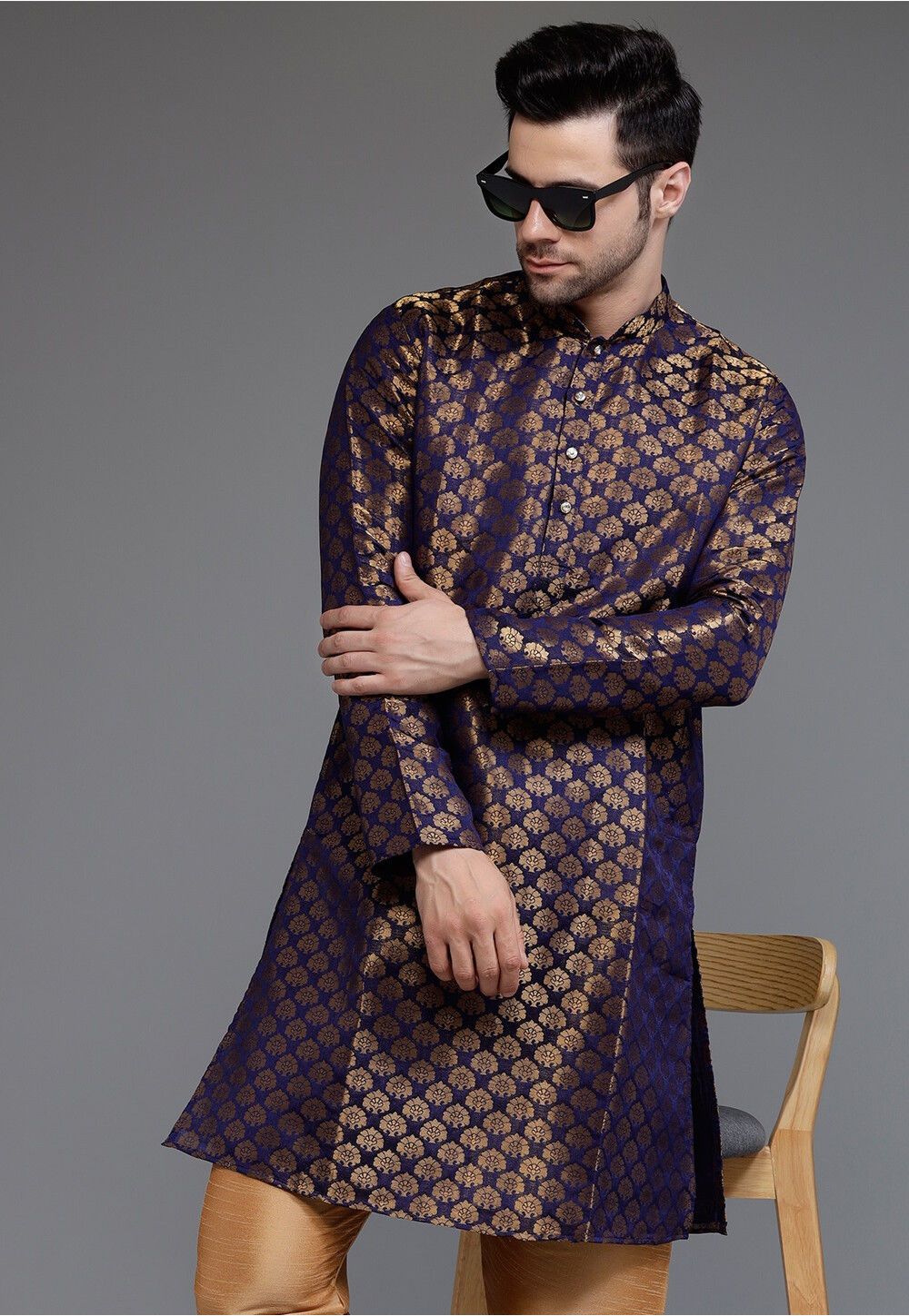 Navy Blue Kurta Jacquard Pant