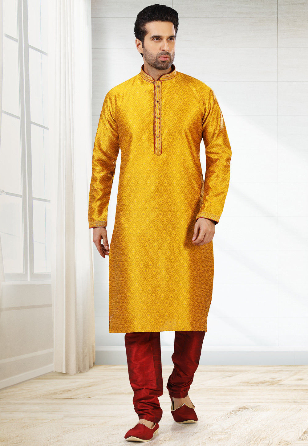 Woven Art Silk Jacquard Kurta Set in Mustard MLY48