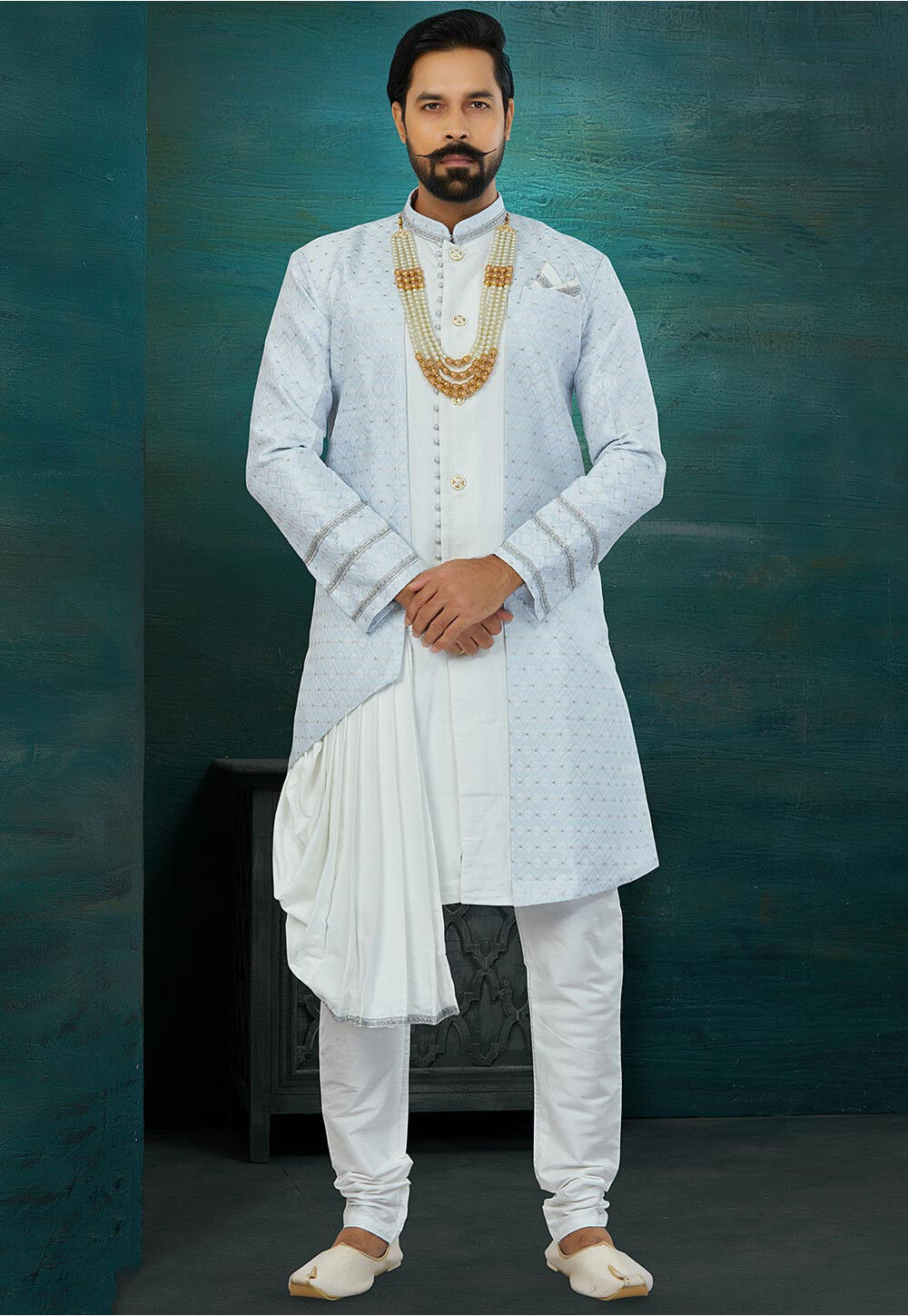 Woven Art Silk Jacquard Layered Sherwani in Sky Blue and White
