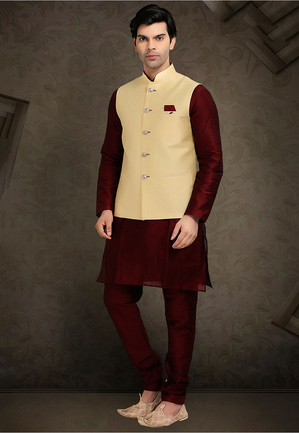 Men's Pink & Yellow Woven Jacquard Silk Nehru Jacket with Lining main image 1