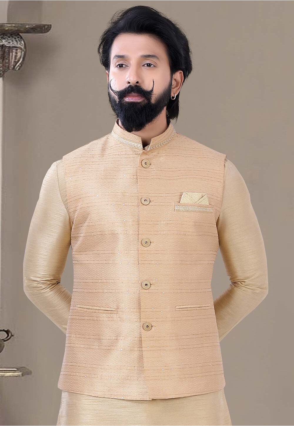 Men's Pink & Yellow Woven Jacquard Silk Nehru Jacket with Lining