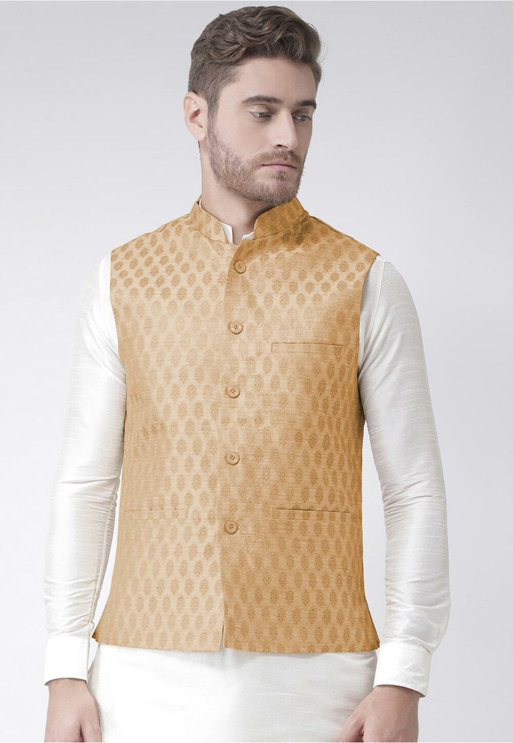 Woven Art Silk Jacquard Nehru Jacket in Beige