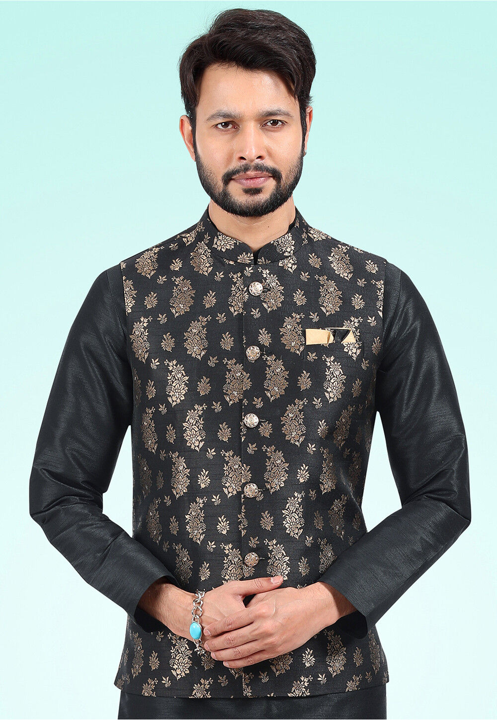 Ankit V Kapoor Ameera Embroidered Nehru Jacket | Blue, Thread Work, Pure  Georgette, Mandarin Collar, Sleeveless | Nehru jacket for men, Nehru jackets,  Mens jackets