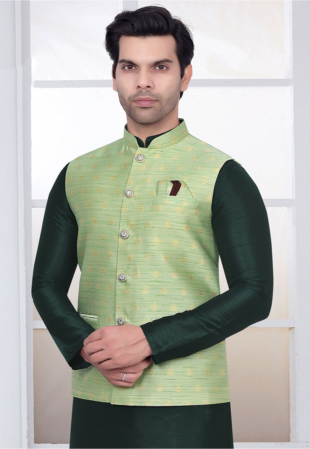 Turtle Men Green Self Design Nehru Jacket