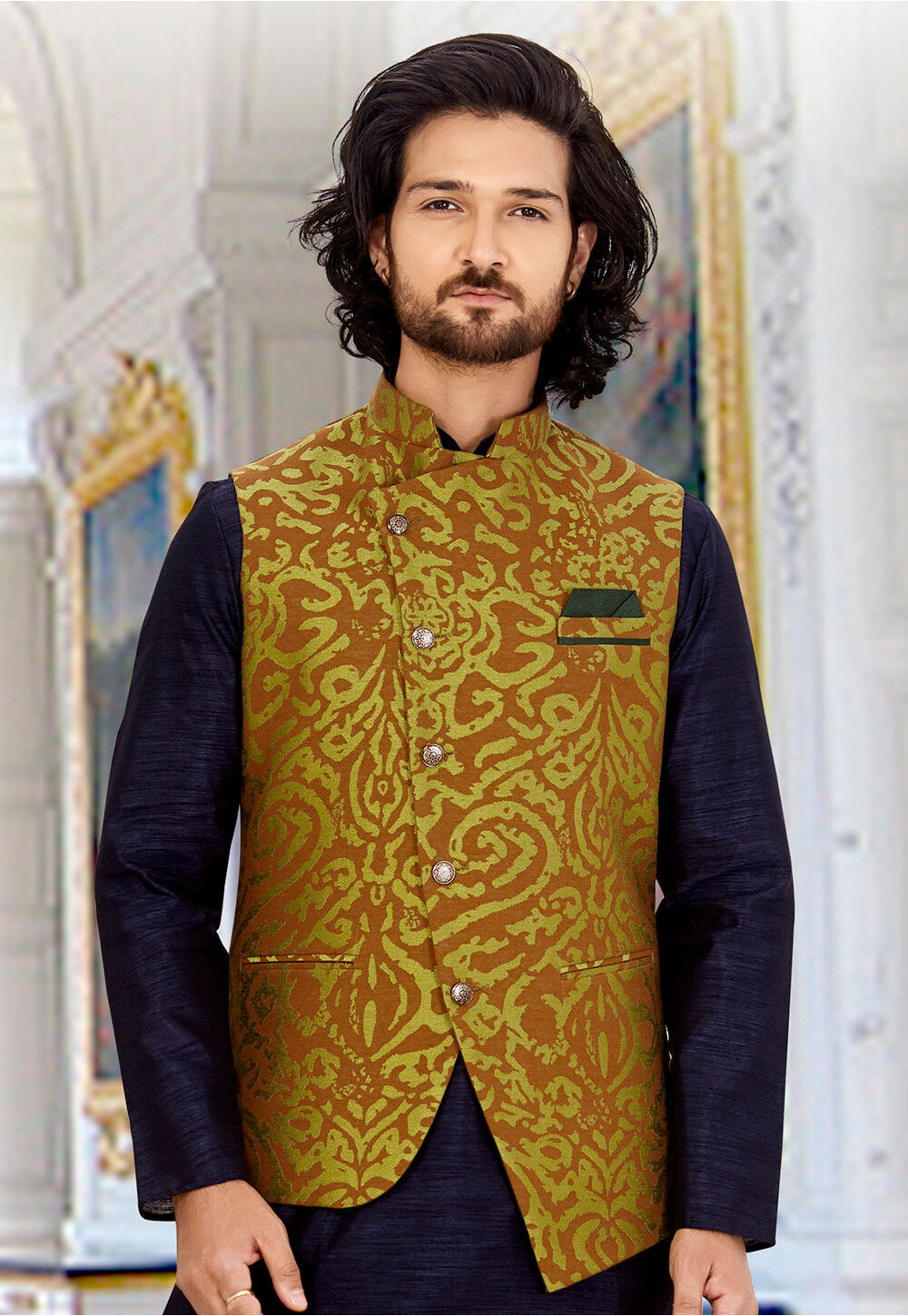 Shop Mustard Silk Long Nehru Jacket Online at Best Price | Cbazaar