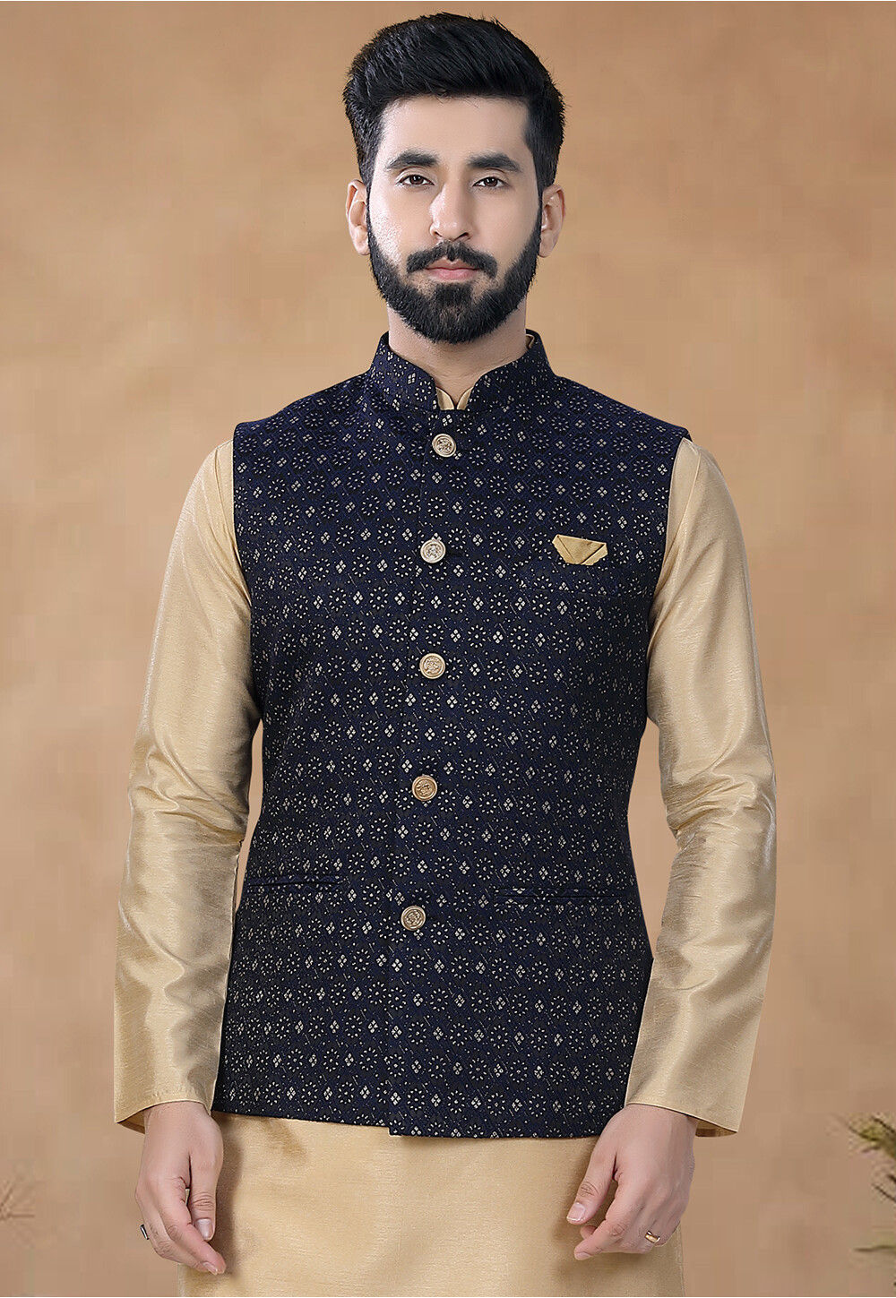 Men'S Navy Woven Nehru Jacket