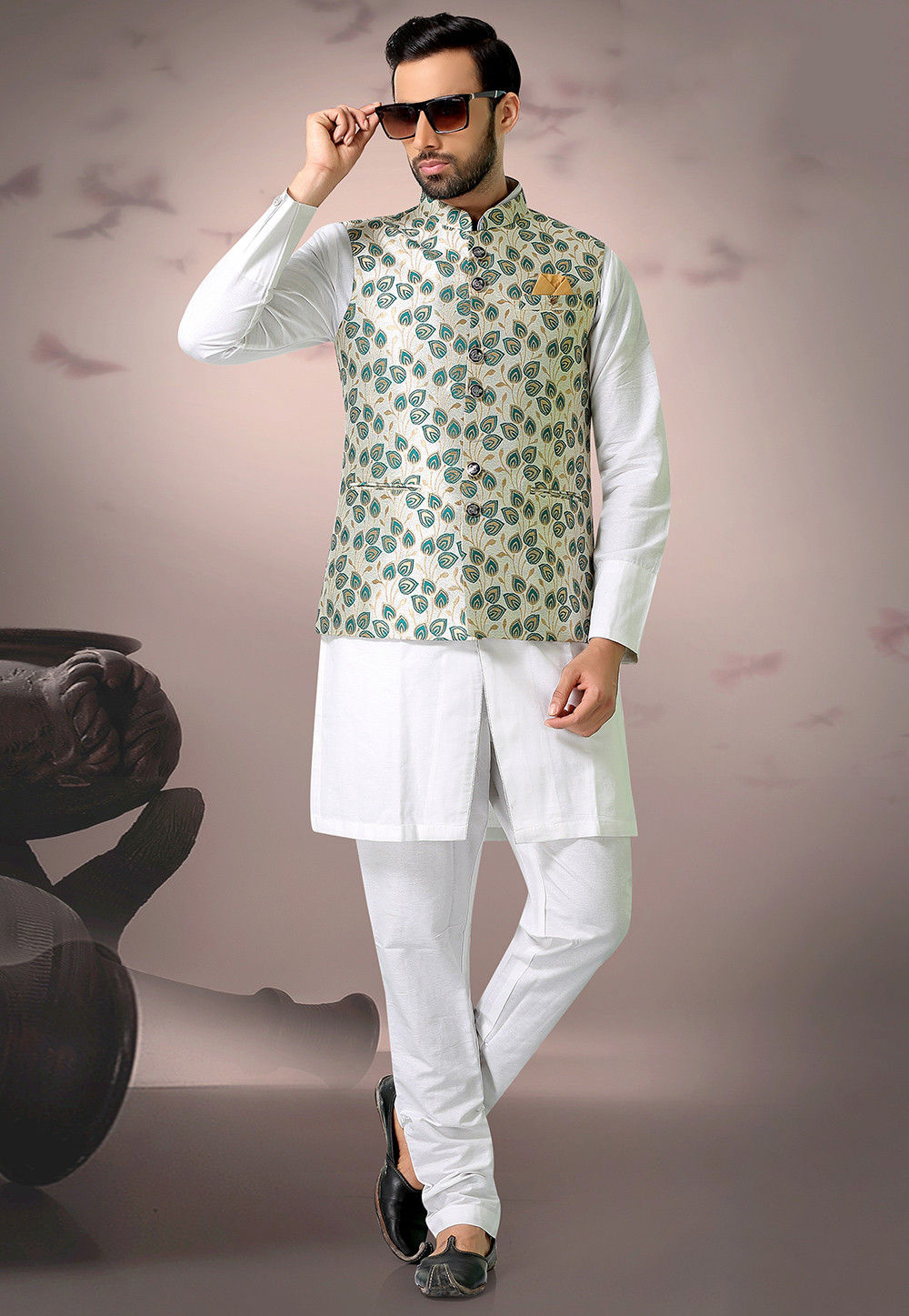 Buy Woven Art Silk Jacquard Nehru Jacket in Off White and Teal Green ...