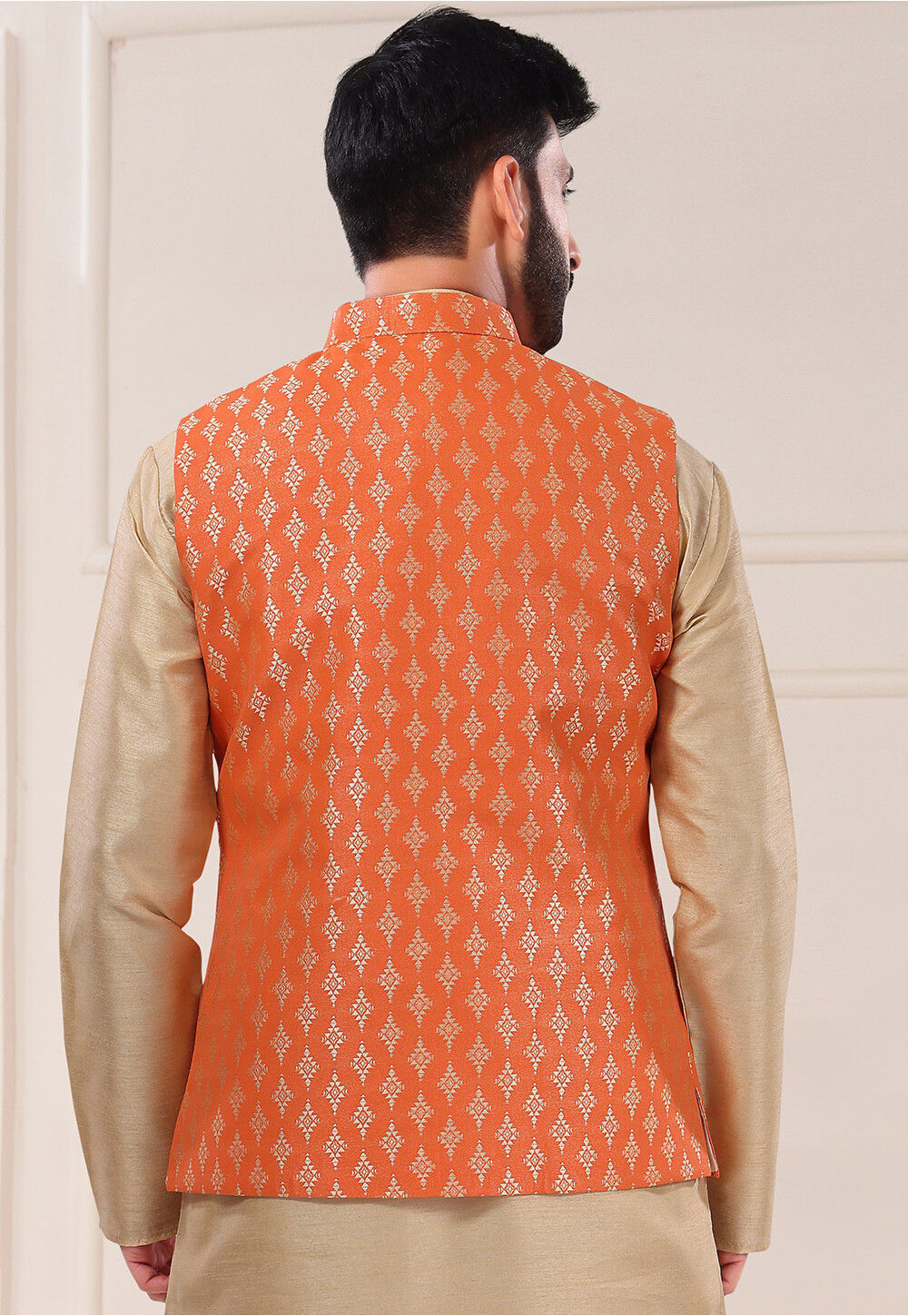 Men's Pink & Yellow Woven Jacquard Silk Nehru Jacket with Lining main image 0