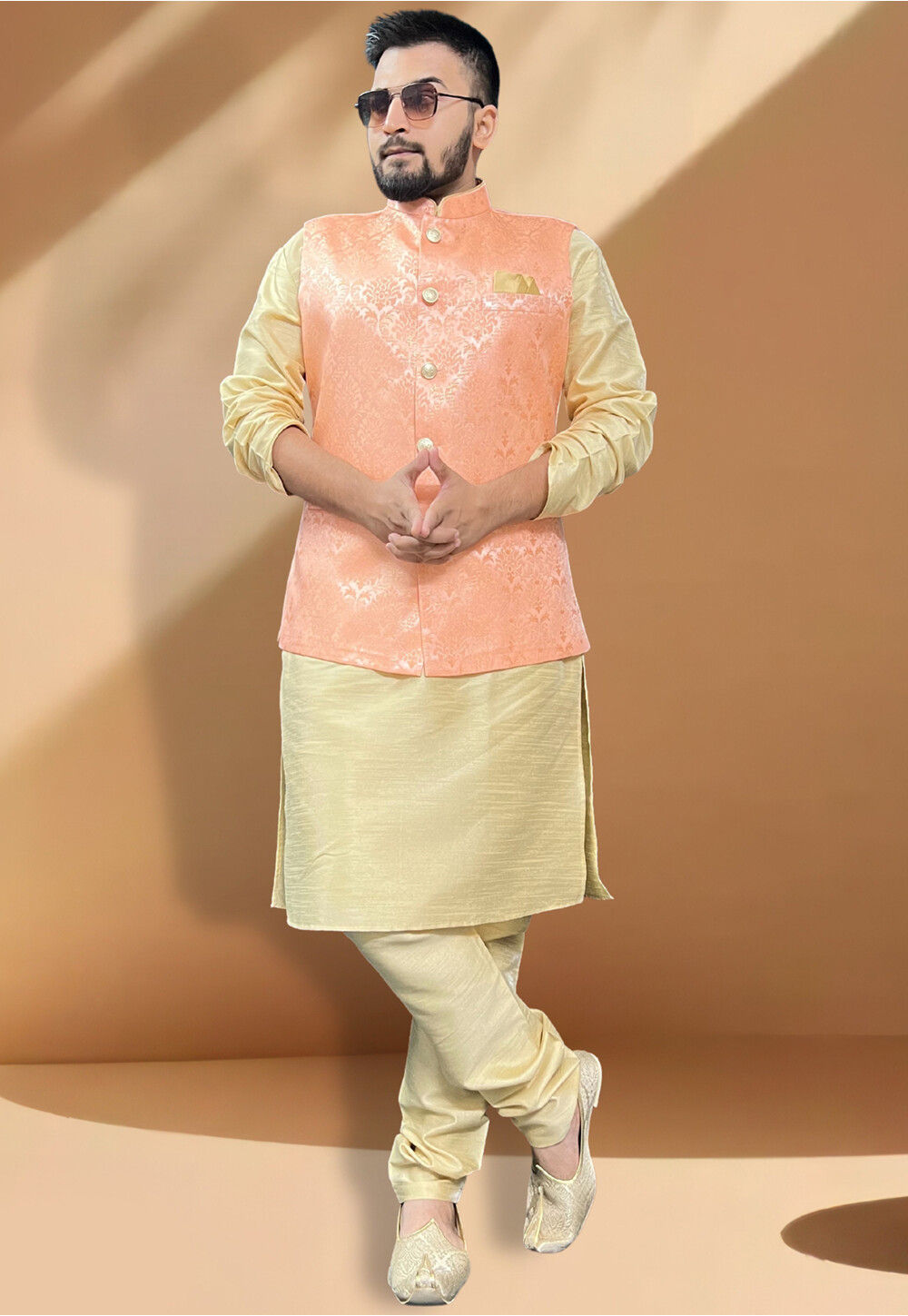 Woven Art Silk Jacquard Nehru Jacket in Peach MUY1082