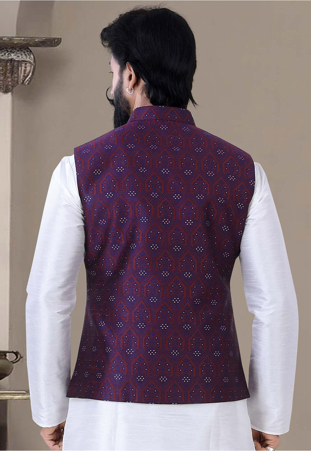 Men’s Olive Green & Beige Woven Design Jacquard Silk Nehru Jacket – Traditional Elegance main image 1