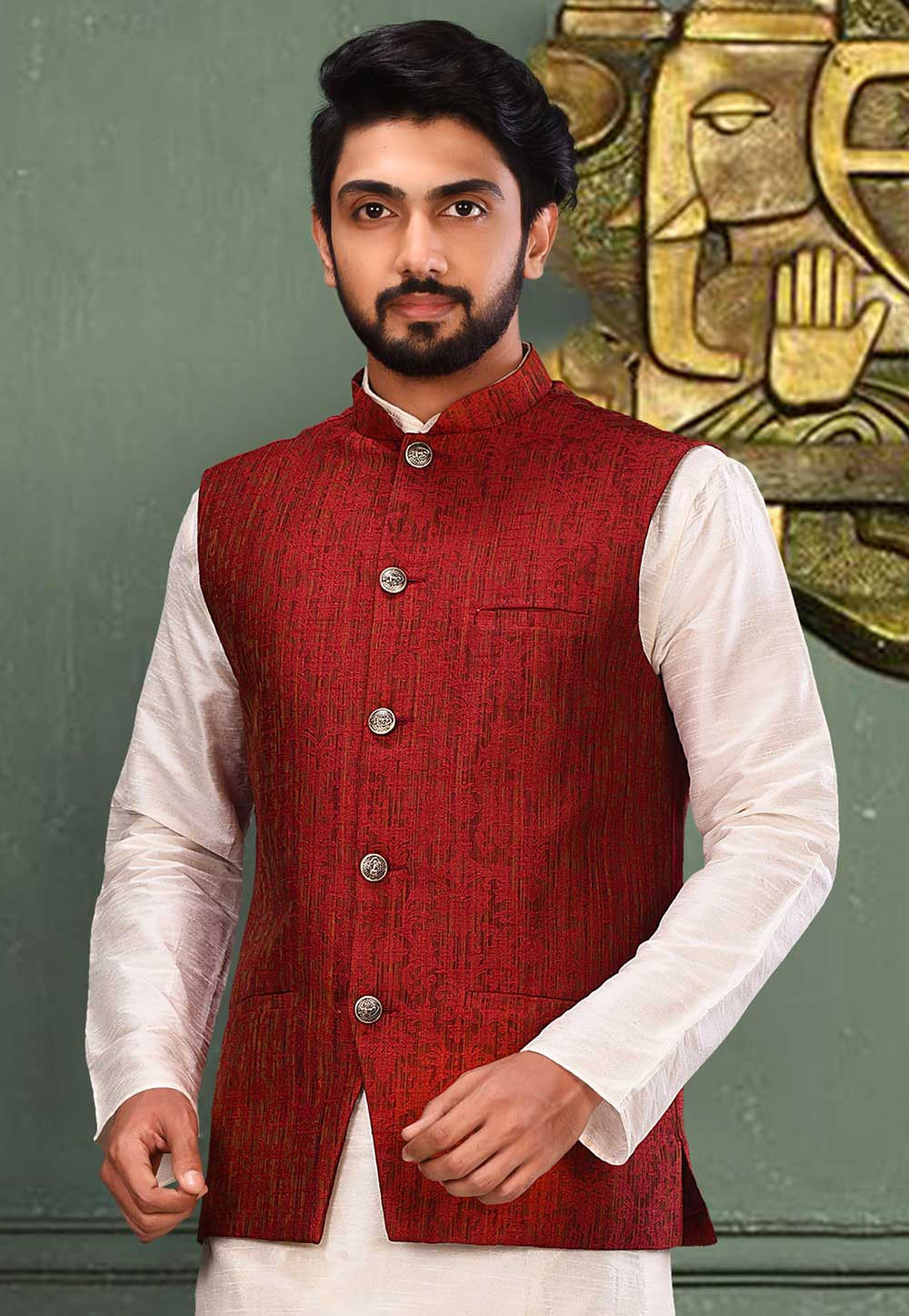 Woven Art Silk Jacquard Nehru Jacket In Red Mlc53