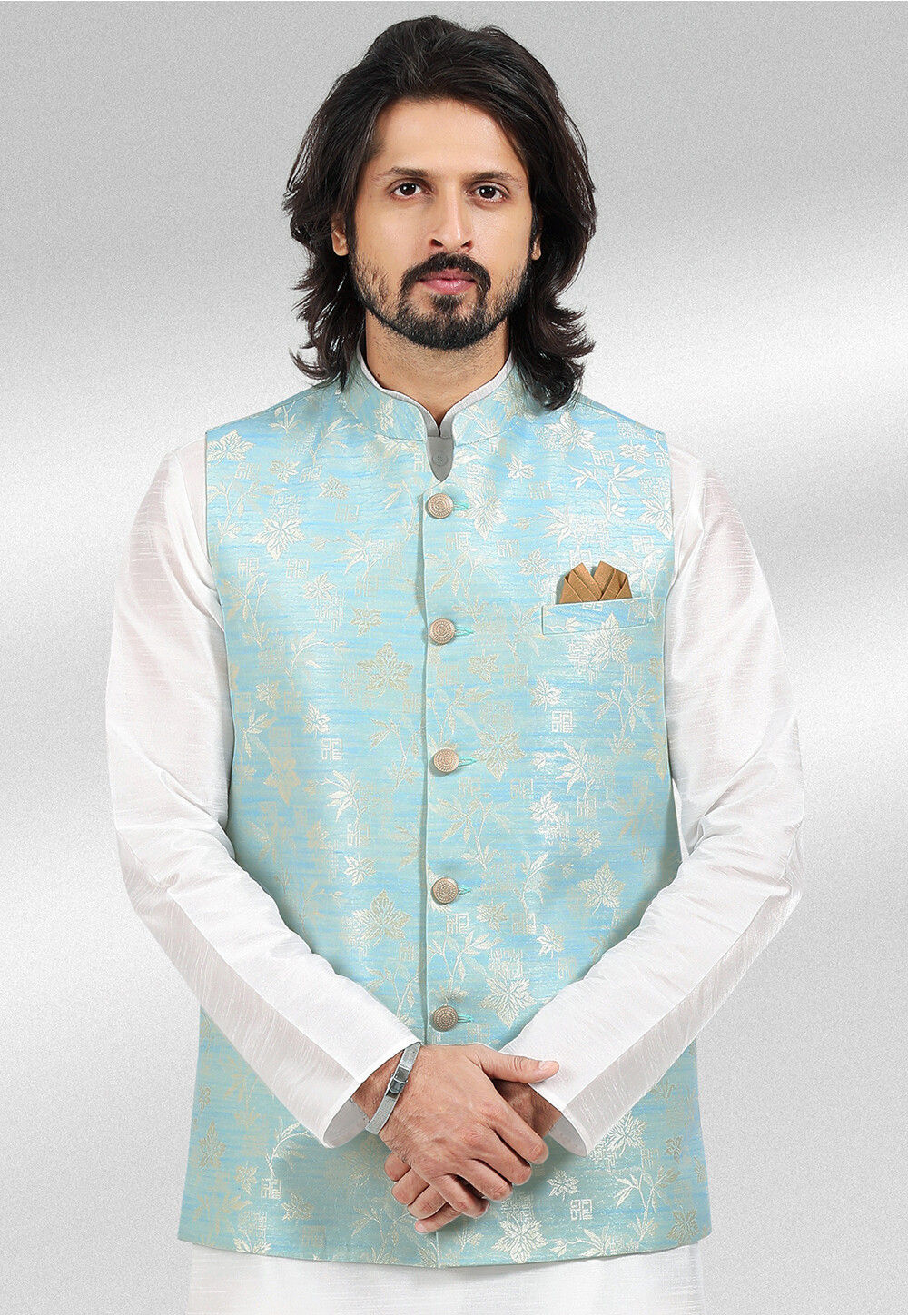 Men's Sky Blue plain Kurta with Off-White Nehru Jacket - Sanwara Fashions -  3504624