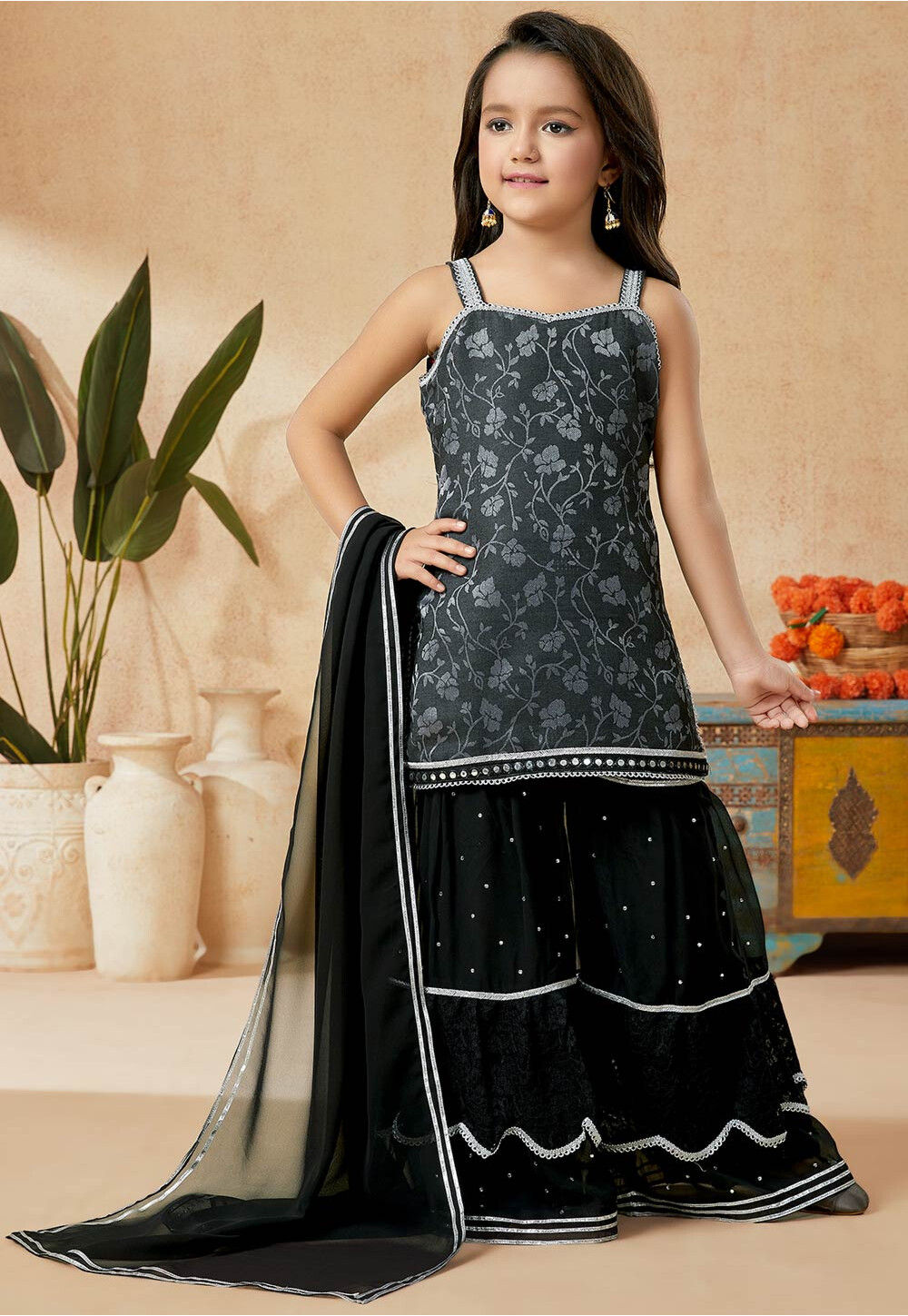 Jacquard Silk Adorning Grey Pakistani Style Pant Suit main image 1