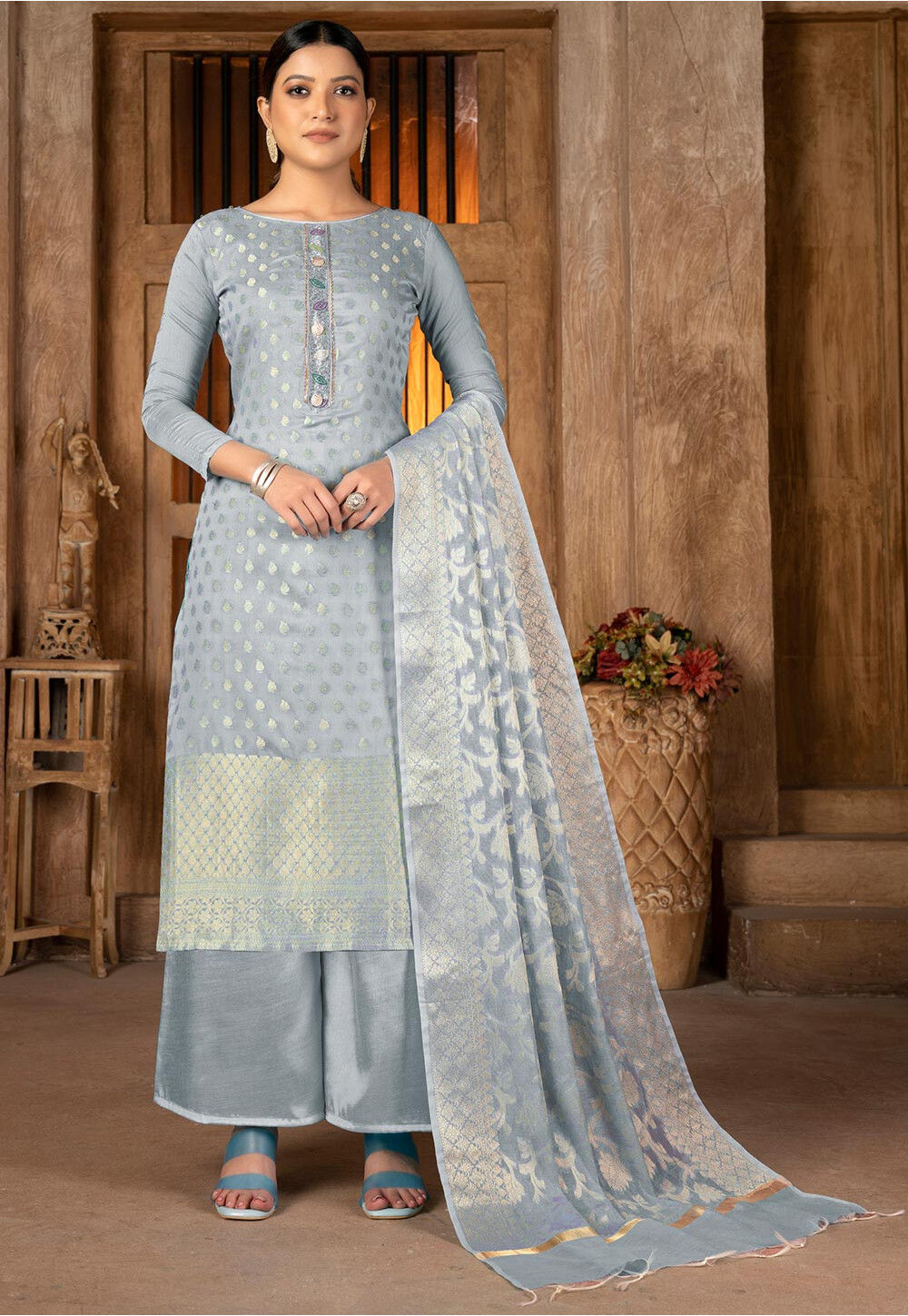 Buy Woven Art Silk Jacquard Pakistani Suit in Grey Online KYE2199 Utsav Fashion