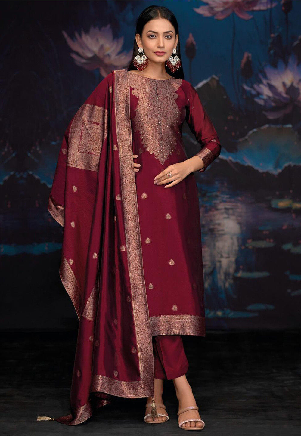 Jacquard Silk Adorning Maroon Pakistani Style Pant Suit main image 1