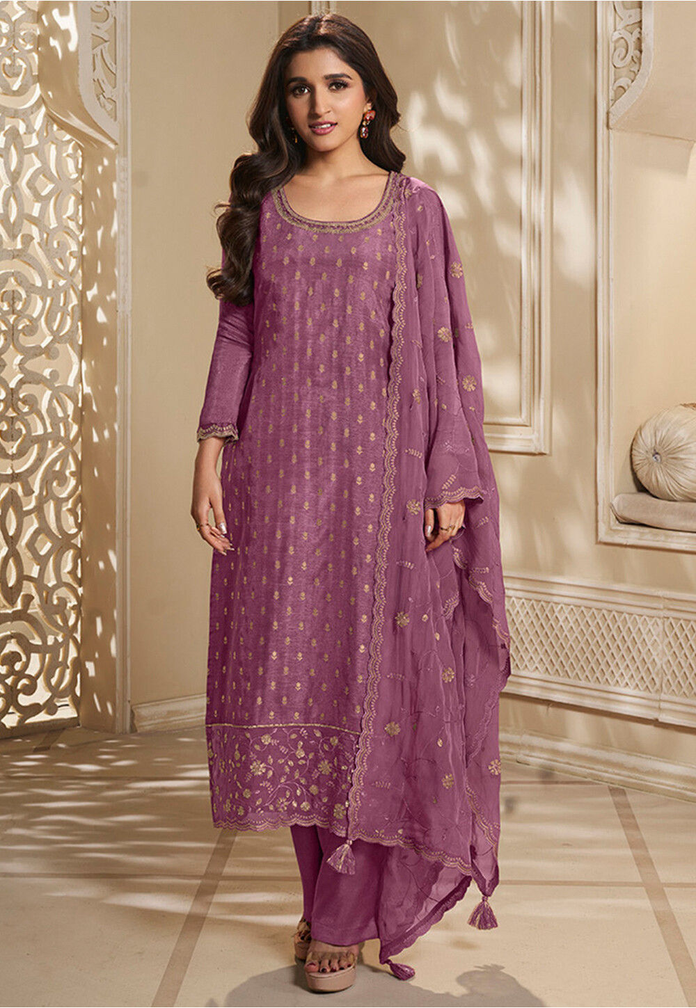 Women Purple Gaji Silk Un Stitched Suit Ethnic Collections