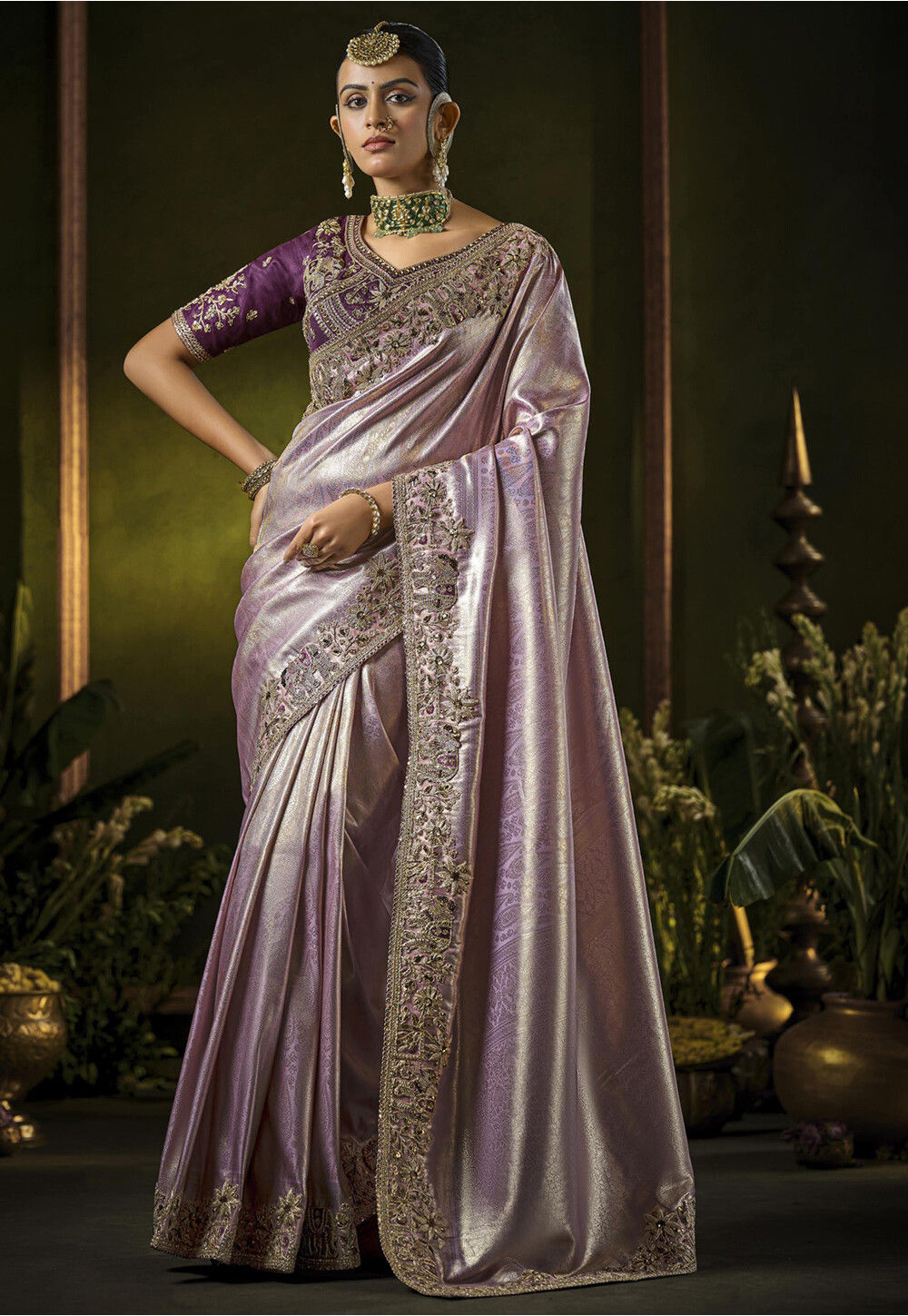 Generic Women's Jacquard Silk Jaquard Woven Saree With Unstitched Blouse 5.5Mtr (Purple) main image 1