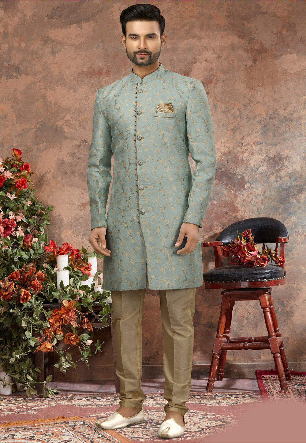 Woven Art Silk Jacquard Sherwani In Dusty Blue MUX695