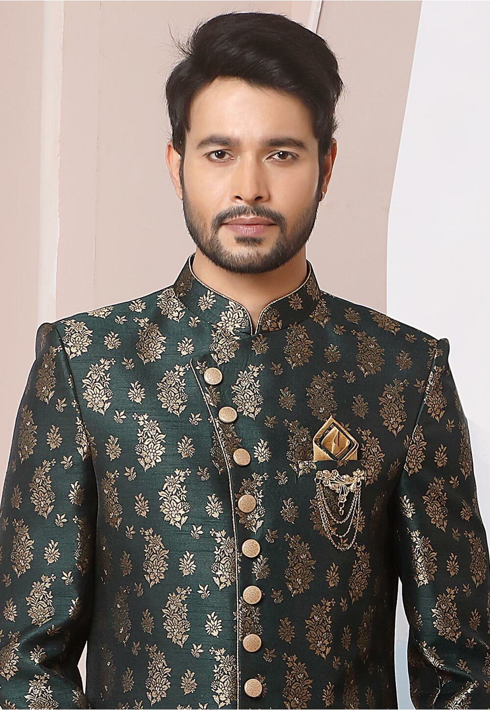 Woven Art Silk Jacquard Sherwani In Green MLY541