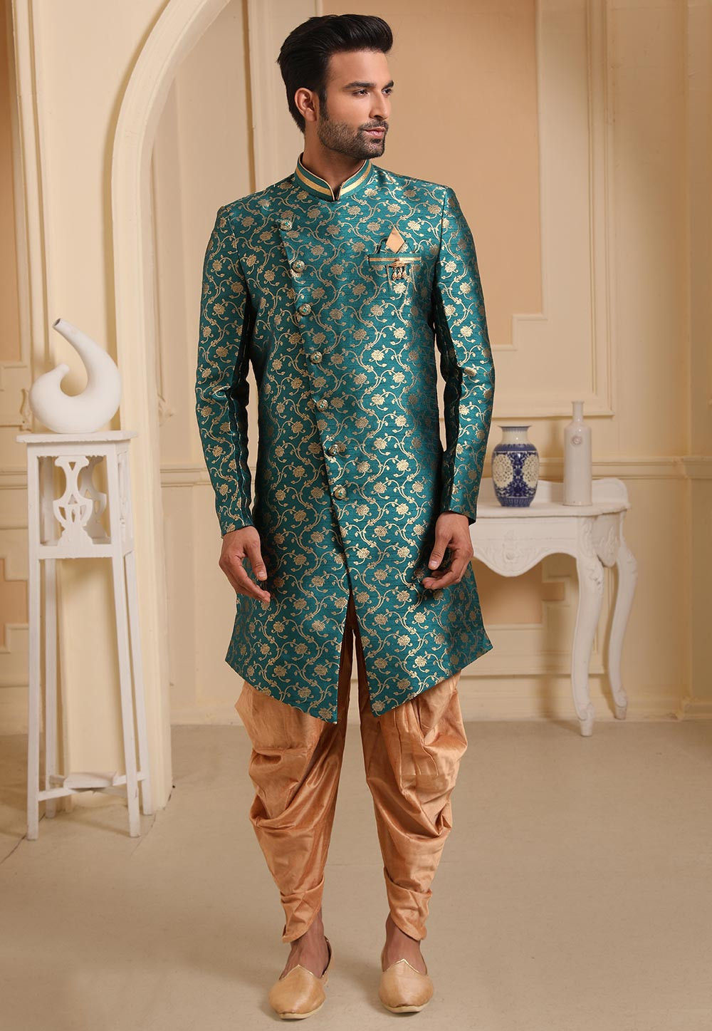 Woven Art Silk Jacquard Sherwani With Peshawari In Teal Blue MGV1370